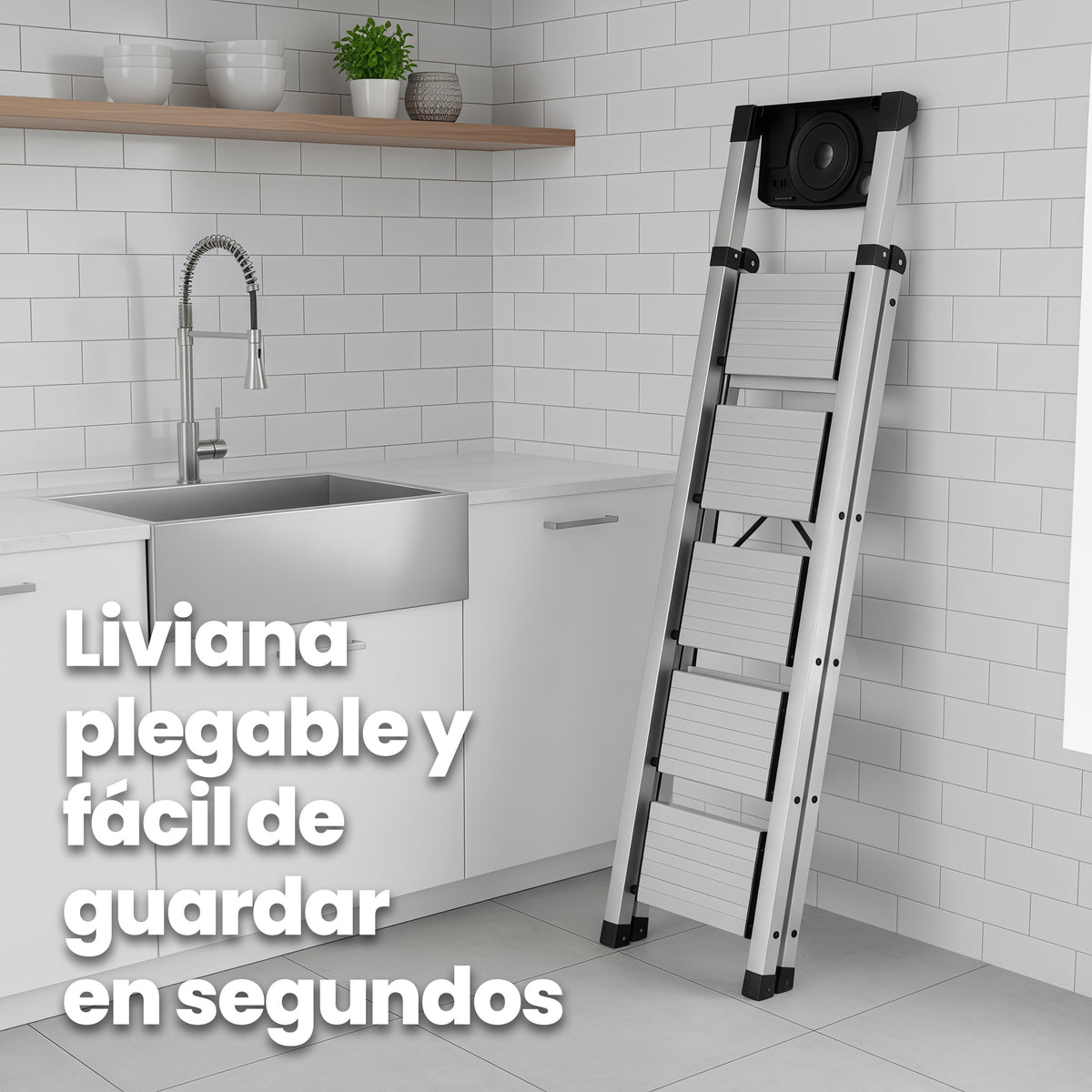 UZIRO Escalera liviana de aluminio, 5 peldaños y portaherramientas integrado de cierre compacto