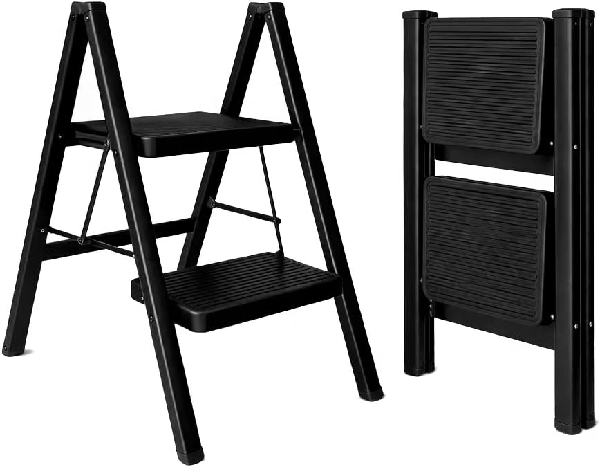 UZIRO Escalera Plegable 2 Peldaños, Escaleras Decorativa, Peldaños Anchos Antideslizantes, Ideal para Uso en Hogar, Cocina y Oficina, Fácil de Guardar y Transportar, Resistente