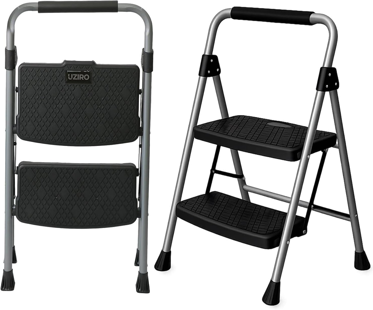 UZIRO Escalera Plegable 2 Peldaños, Estructura de Acero y Aluminio, Color Plateado, Peldaños Antideslizantes, Asa de Goma, para Hogar, Cocina, Oficina y Bricolaje