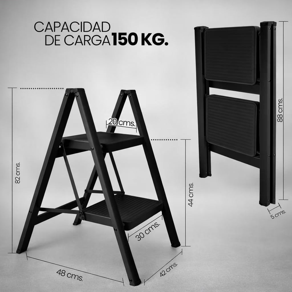 UZIRO Escalera Plegable 2 Peldaños, Escaleras Decorativa, Peldaños Anchos Antideslizantes, Ideal para Uso en Hogar, Cocina y Oficina, Fácil de Guardar y Transportar, Resistente