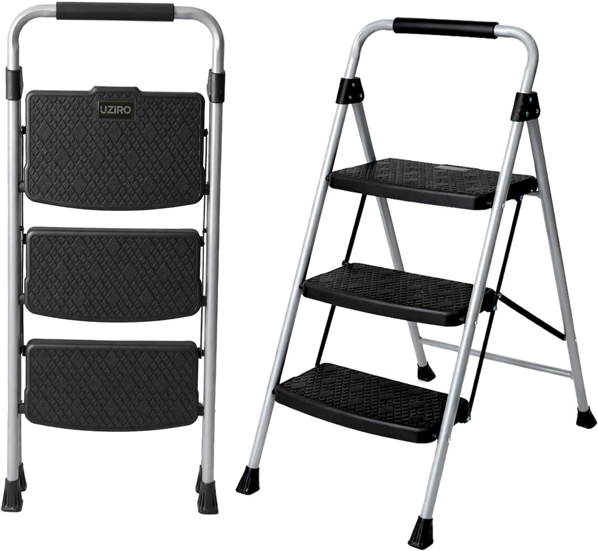 UZIRO Escalera Plegable 3 Peldaños, Estructura de Acero y Aluminio, Color Plateado, Peldaños Antideslizantes, Asa de Goma, para Hogar, Cocina, Oficina y Bricolaje