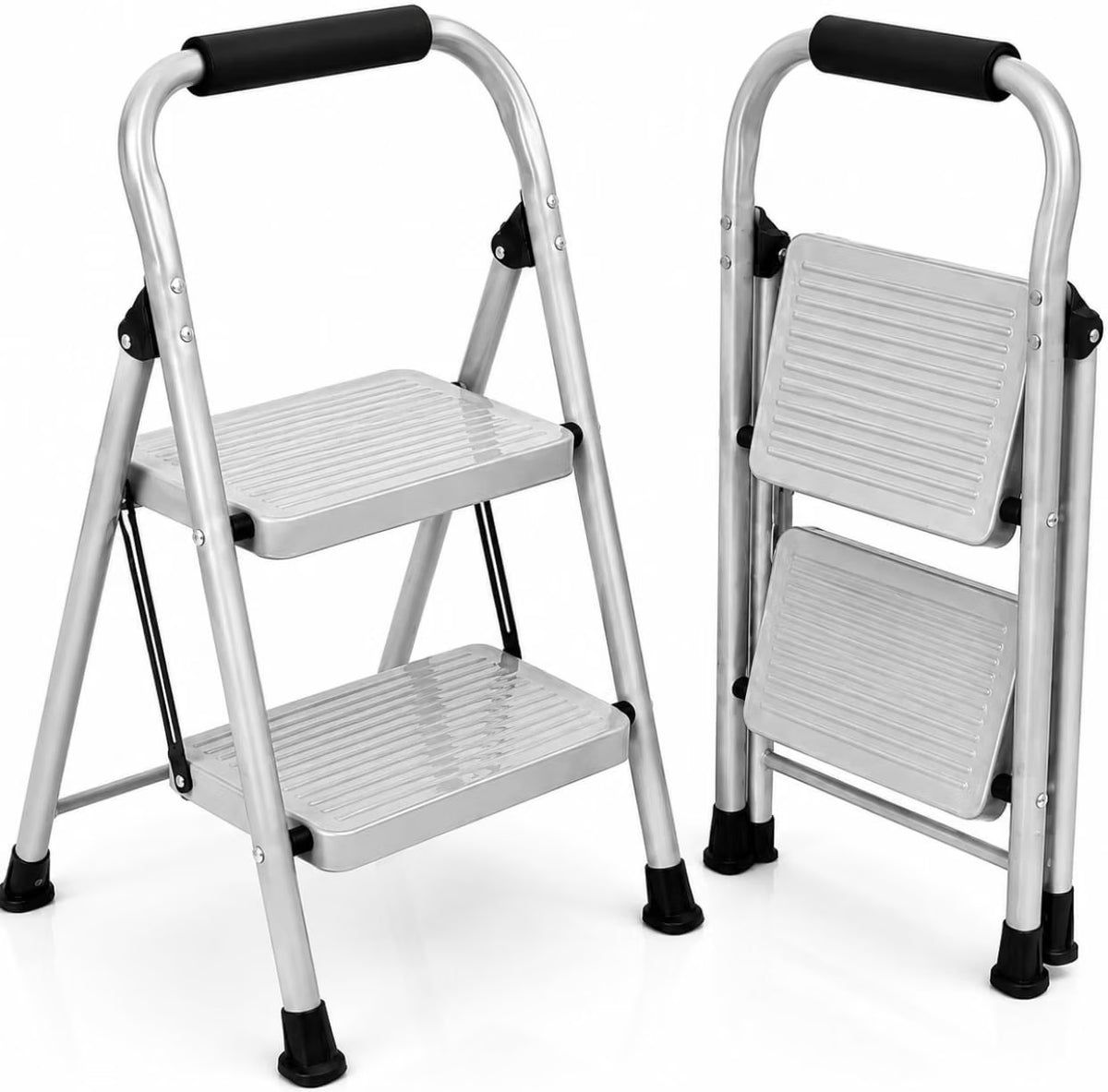 UZIRO Escalera Plegable 2 Peldaños, Escalones y Patas Antideslizantes de Acero al Carbono, con Mango Acolchado y Estructura Reforzada, Escalera Pequeña Plegable, Escalera 2 Peldaños Plegable