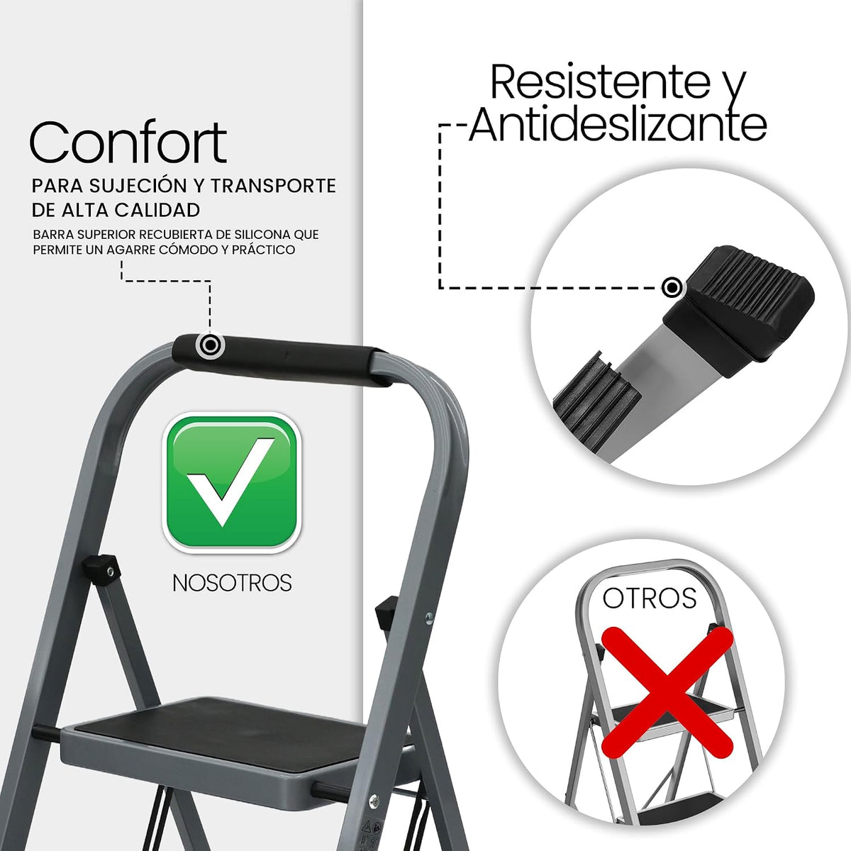 UZIRO Escalera liviana plegable gris de acero y aluminio, 2 peldaños con asa de goma