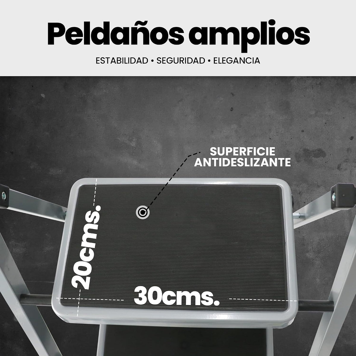 UZIRO Escalera liviana plegable gris de acero y aluminio, 2 peldaños con asa de goma