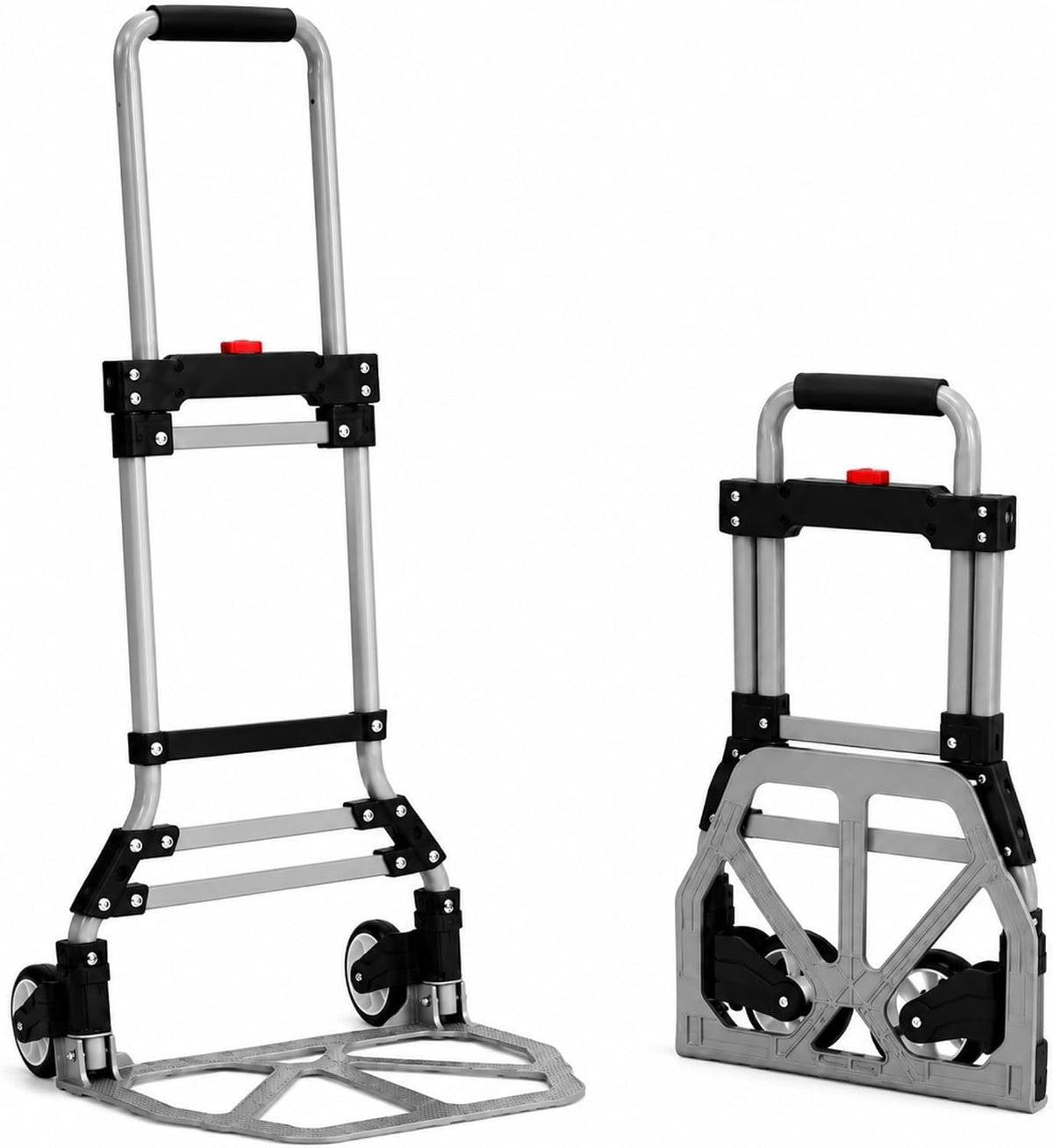 UZIRO Carretilla Plegable con Ruedas de Acero y Aluminio, con Mango Telescópico, Capacidad de 75 Kg, Plataforma Abatible y 2 Ruedas, Carretilla de Mano Plegable, Carro Transporte Plegable