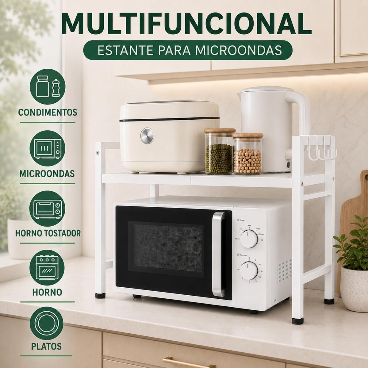 UZIRO Estante para microondas extensible 40–64 cm de acero al carbono, con 4 ganchos