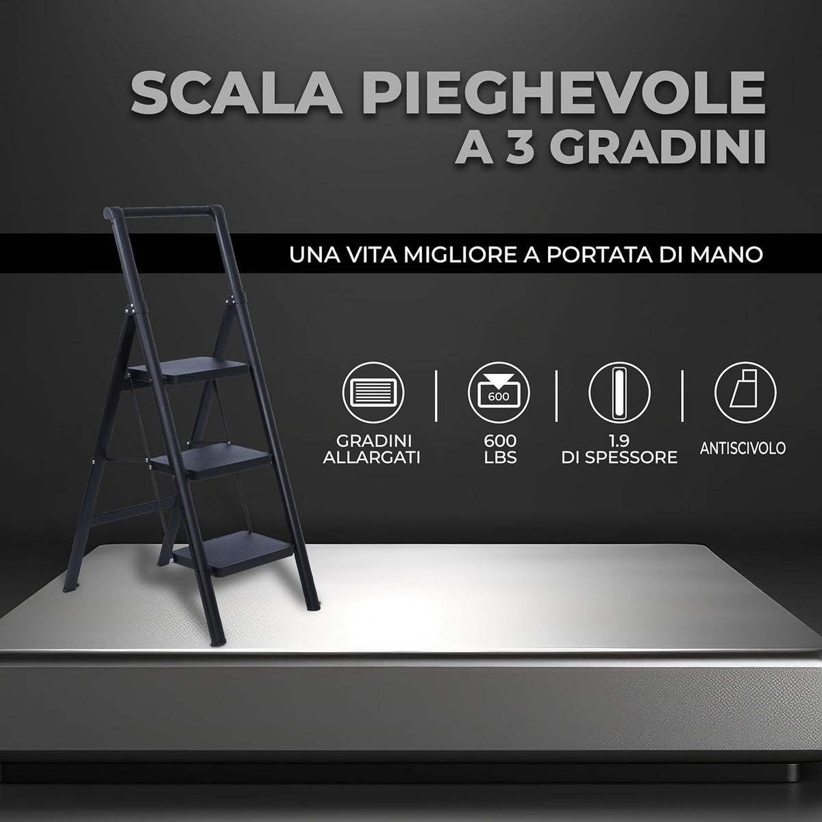 UZIRO Escalera plegable de acero de 3 peldaños anchos antideslizantes, diseño decorativo
