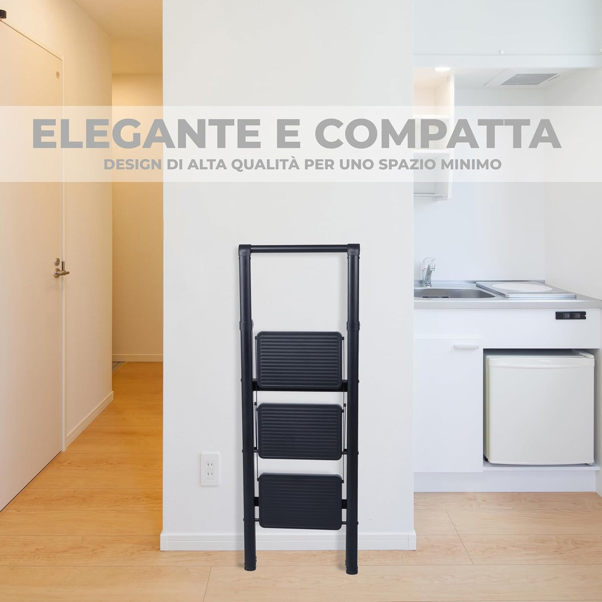UZIRO Escalera plegable de acero de 3 peldaños anchos antideslizantes, diseño decorativo