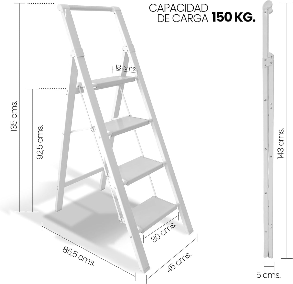 UZIRO Escalera plegable de aluminio 4 peldaños amplios antideslizantes, ligera y compacta
