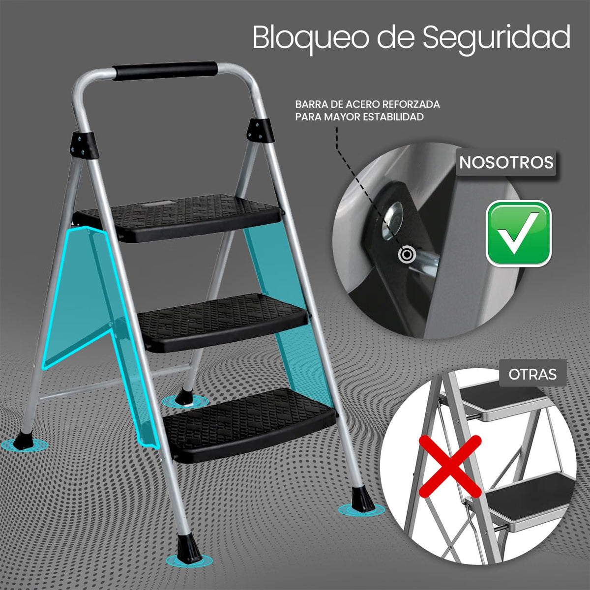 UZIRO Escalera Plegable 3 Peldaños, Estructura de Acero y Aluminio, Color Plateado, Peldaños Antideslizantes, Asa de Goma, para Hogar, Cocina, Oficina y Bricolaje