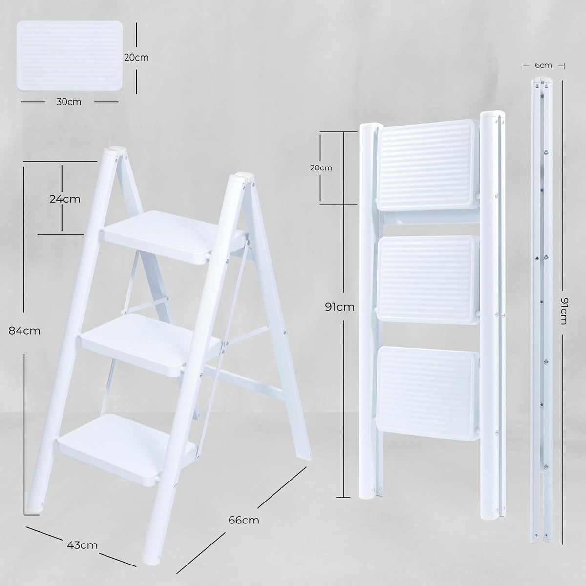 UZIRO Escalera liviana plegable de acero blanca, 3 peldaños anchos decorativa