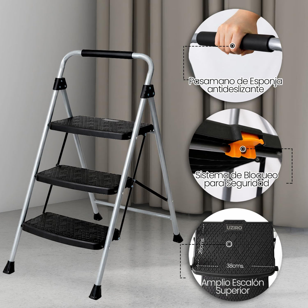 UZIRO Escalera Plegable 3 Peldaños, Estructura de Acero y Aluminio, Color Plateado, Peldaños Antideslizantes, Asa de Goma, para Hogar, Cocina, Oficina y Bricolaje