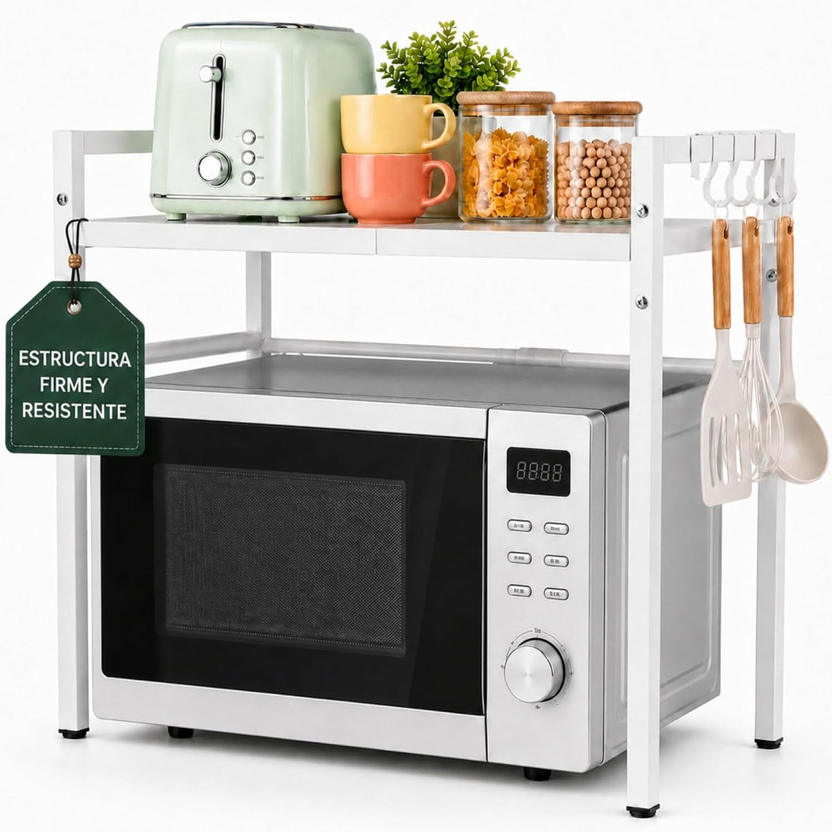 UZIRO Estante Microondas Extensible 40-64 cm, Ajustable de Acero al Carbono, Incluye 4 Ganchos, Patas Ajustables y Soporta hasta 30 kg, Soporte Microondas Encimera, Estanteria Cocina Encimera