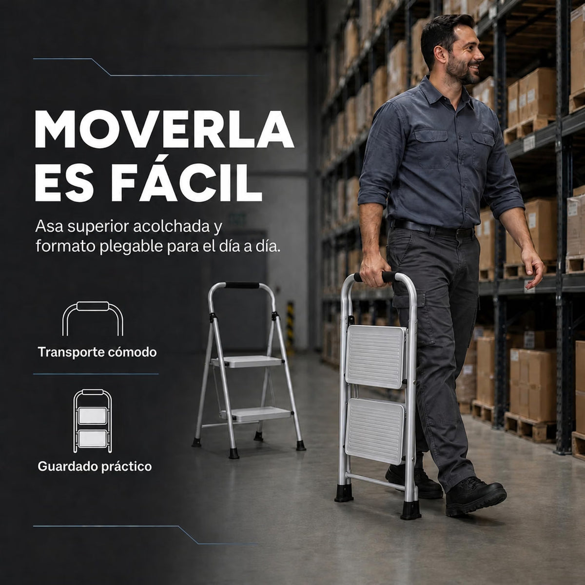 UZIRO Escalera Plegable 2 Peldaños, Escalones y Patas Antideslizantes de Acero al Carbono, con Mango Acolchado y Estructura Reforzada, Escalera Pequeña Plegable, Escalera 2 Peldaños Plegable