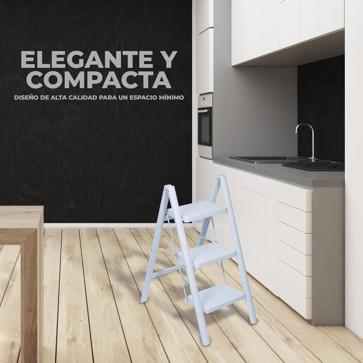 UZIRO Escalera liviana plegable de acero blanca, 3 peldaños anchos decorativa