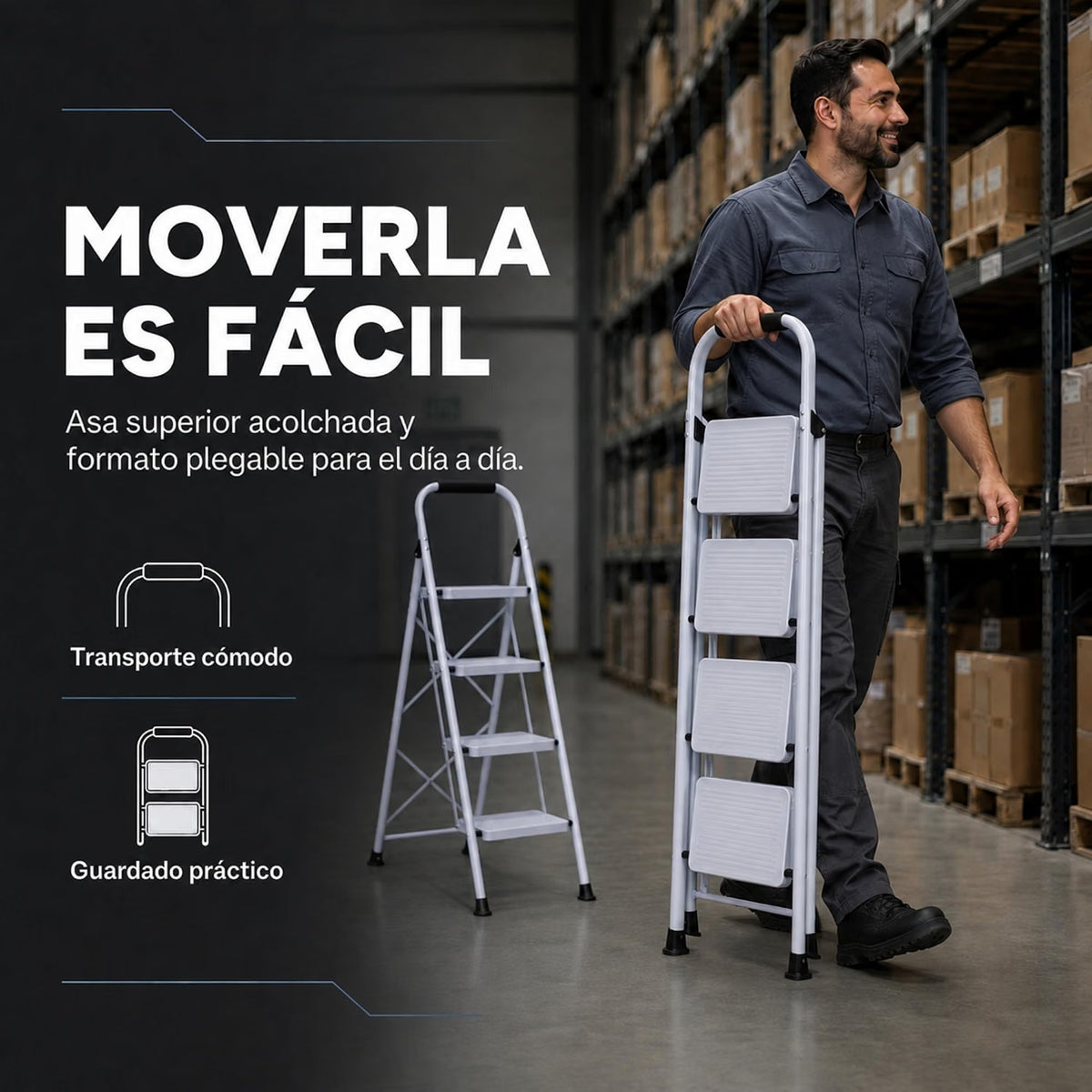 UZIRO Escalera 4 Peldaños Plegable, Escalones y Patas Antideslizantes de Acero al Carbono, Mango Acolchado y Estructura Reforzada, Escalera Plegable 4 Peldaños, Escaleras Plegables