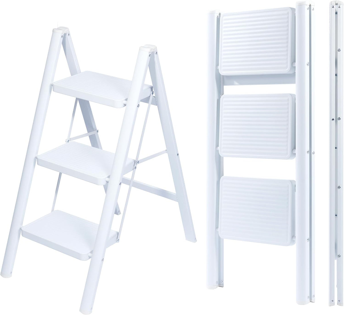 UZIRO Escalera Plegable 3 Peldaños, Escaleras Decorativa, Peldaños Anchos Antideslizantes, Ideal para Uso en Hogar, Cocina y Oficina, Fácil de Guardar y Transportar, Resistente (Blanco, 3 Peldaños)