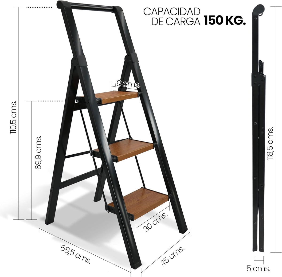 UZIRO Escalera liviana plegable de aluminio, 3 peldaños anchos antideslizantes