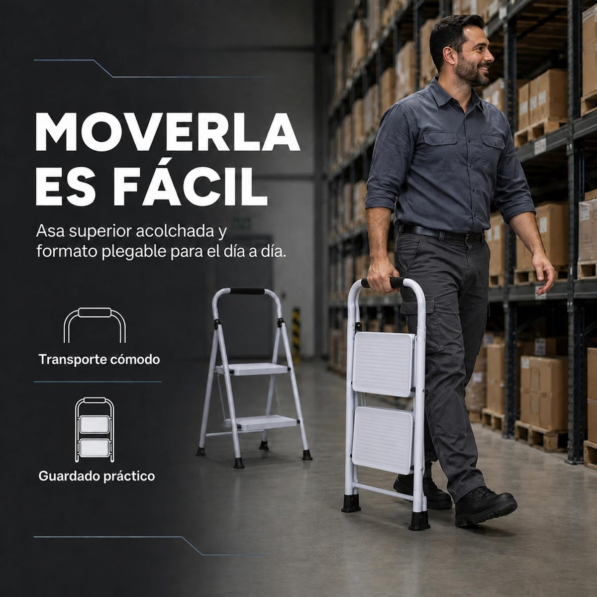 UZIRO Escalera Plegable 2 Peldaños, Escalones y Patas Antideslizantes de Acero al Carbono, Mango Acolchado y Estructura Reforzada, Escalera Pequeña Plegable, Escalera 2 Peldaños Plegable