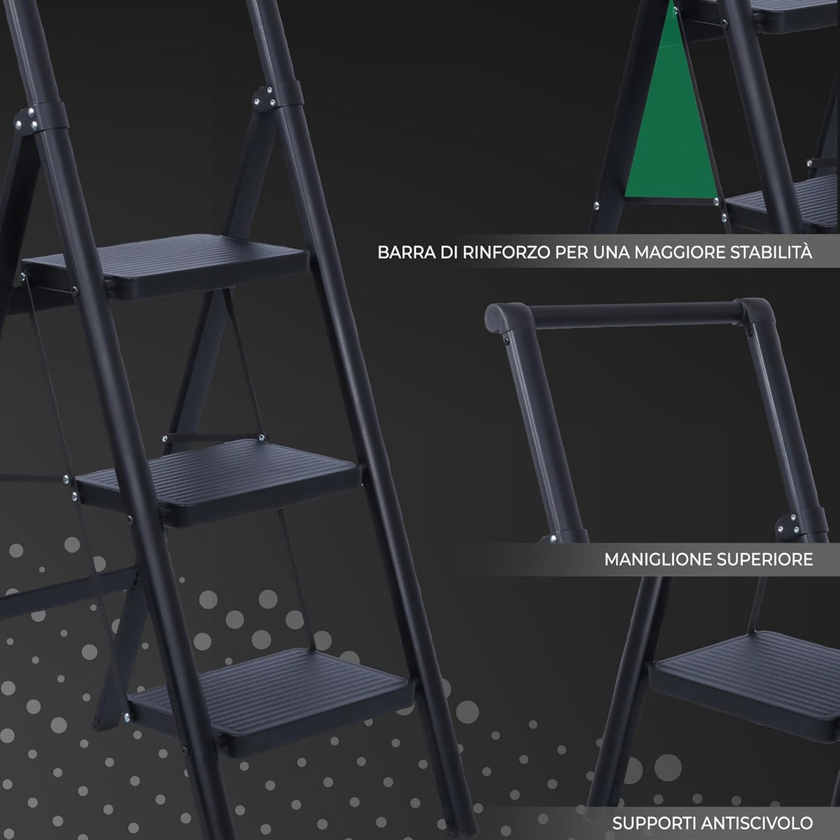 UZIRO Escalera plegable de acero de 3 peldaños anchos antideslizantes, diseño decorativo