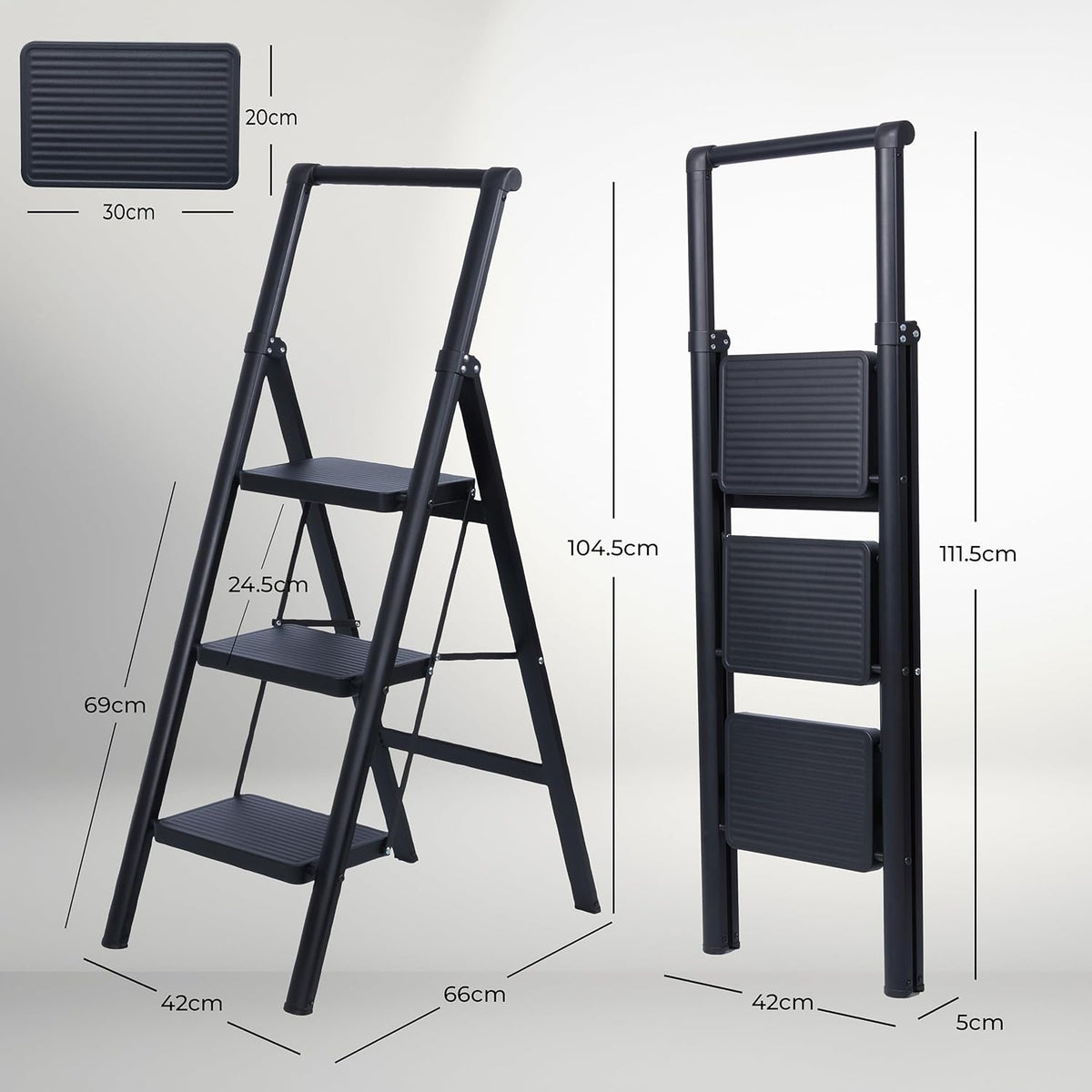 UZIRO Escalera plegable de acero de 3 peldaños anchos antideslizantes, diseño decorativo