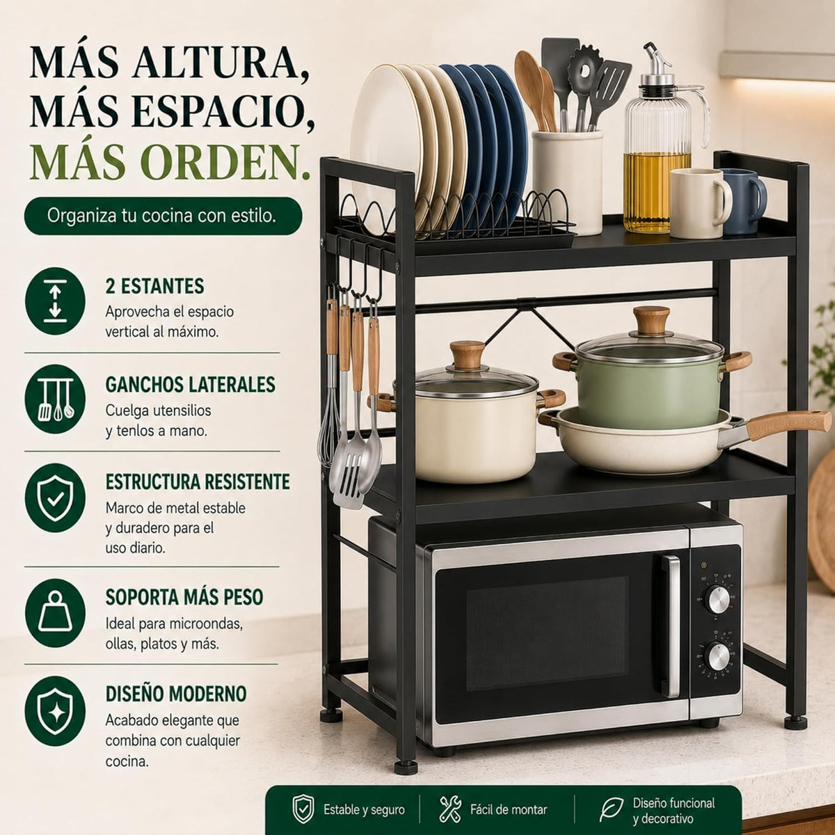 UZIRO Estante Microondas Extensible de 2 Niveles, Ajustable de Acero al Carbono, Capacidad por Niveles hasta 30 kg, Incluye 4 Ganchos, Soporte Microondas Encimera, Estanteria Cocina Encimera