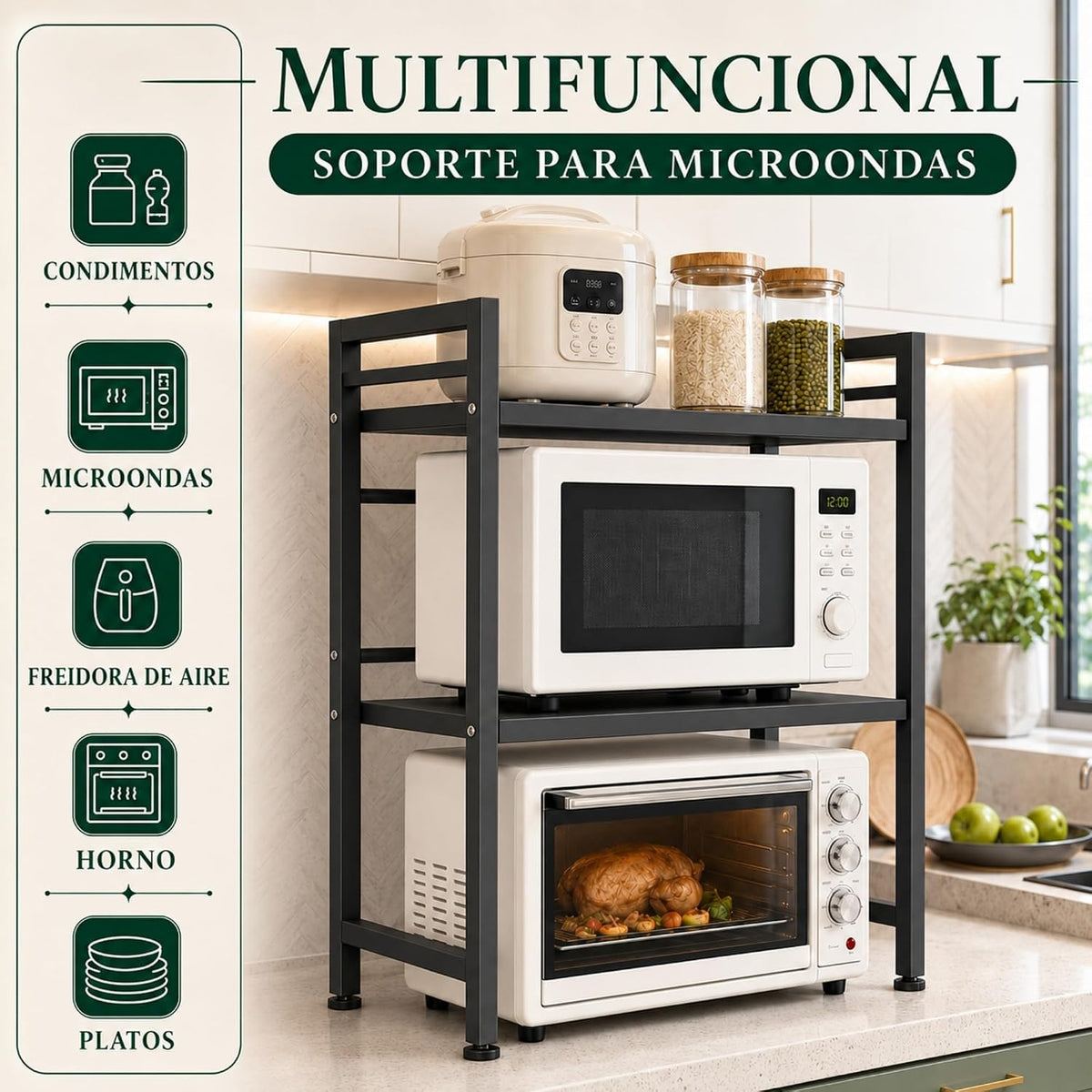 UZIRO Estante para microondas extensible de 2 niveles, 35,7–59,4 cm y 4 ganchos