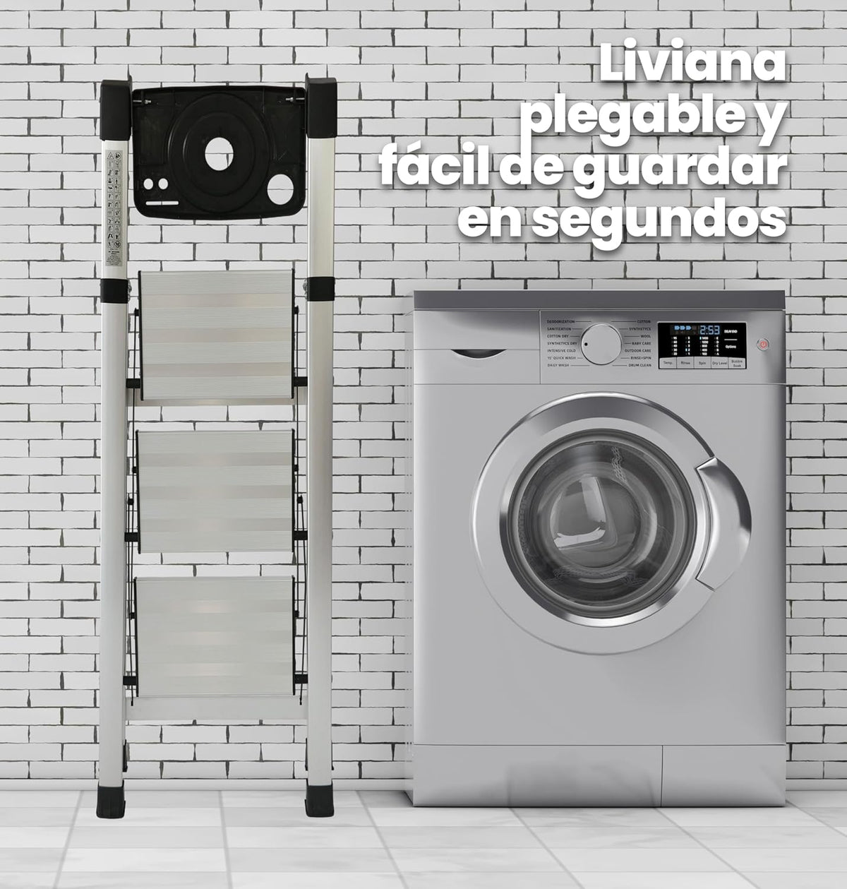 UZIRO Escalera liviana de aluminio, 3 peldaños y portaherramientas integrado de cierre compacto