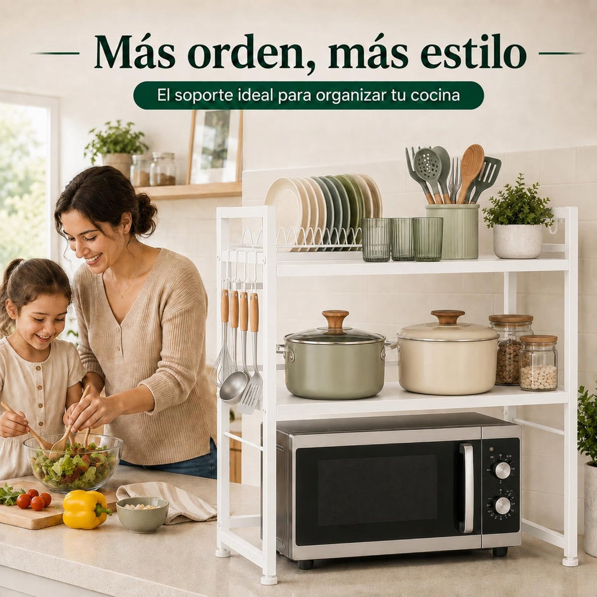 UZIRO Estante Microondas Extensible de 2 Niveles, Ajustable de Acero al Carbono, Capacidad por Niveles hasta 30 kg, Incluye 4 Ganchos, Soporte Microondas Encimera, Estanteria Cocina Encimera