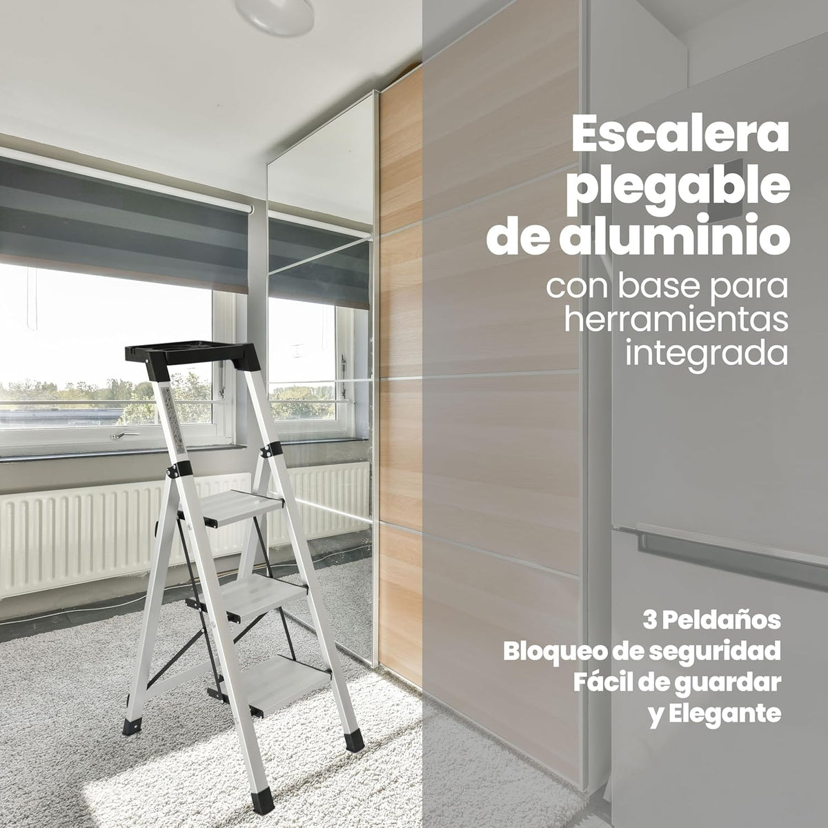 UZIRO Escalera liviana de aluminio, 3 peldaños y portaherramientas integrado de cierre compacto