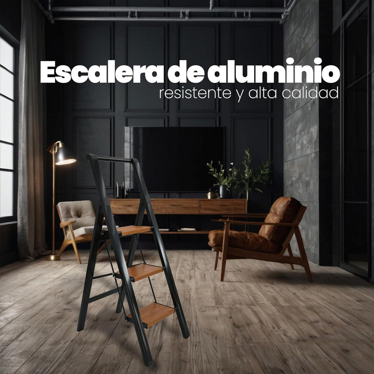UZIRO Escalera liviana plegable de aluminio, 3 peldaños anchos antideslizantes