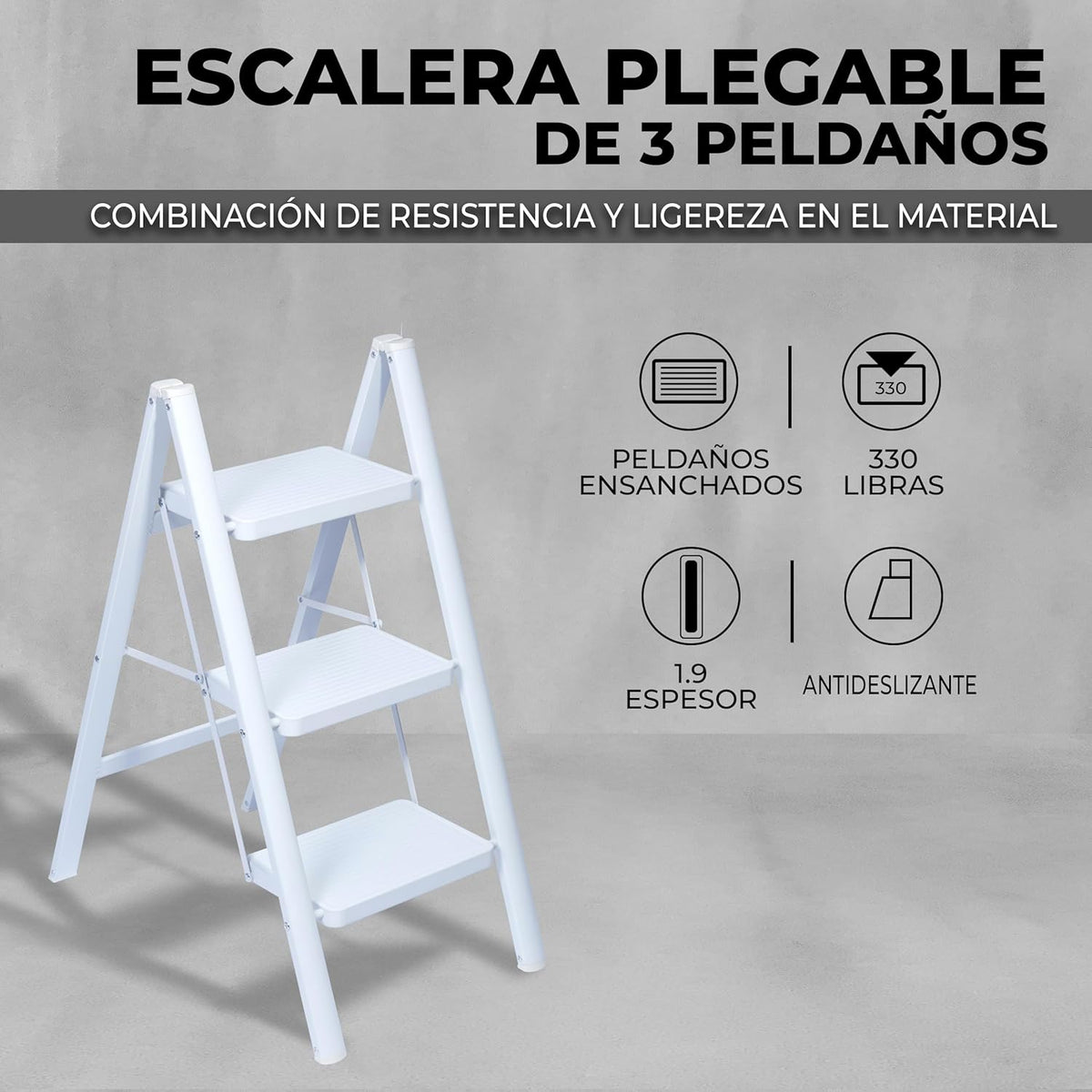 UZIRO Escalera liviana plegable de acero blanca, 3 peldaños anchos decorativa