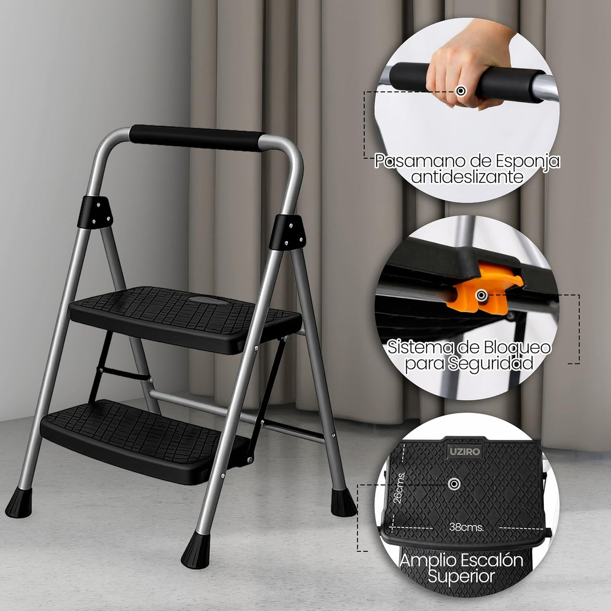 UZIRO Escalera plegable plateada de acero y aluminio, 2 peldaños con asa de goma