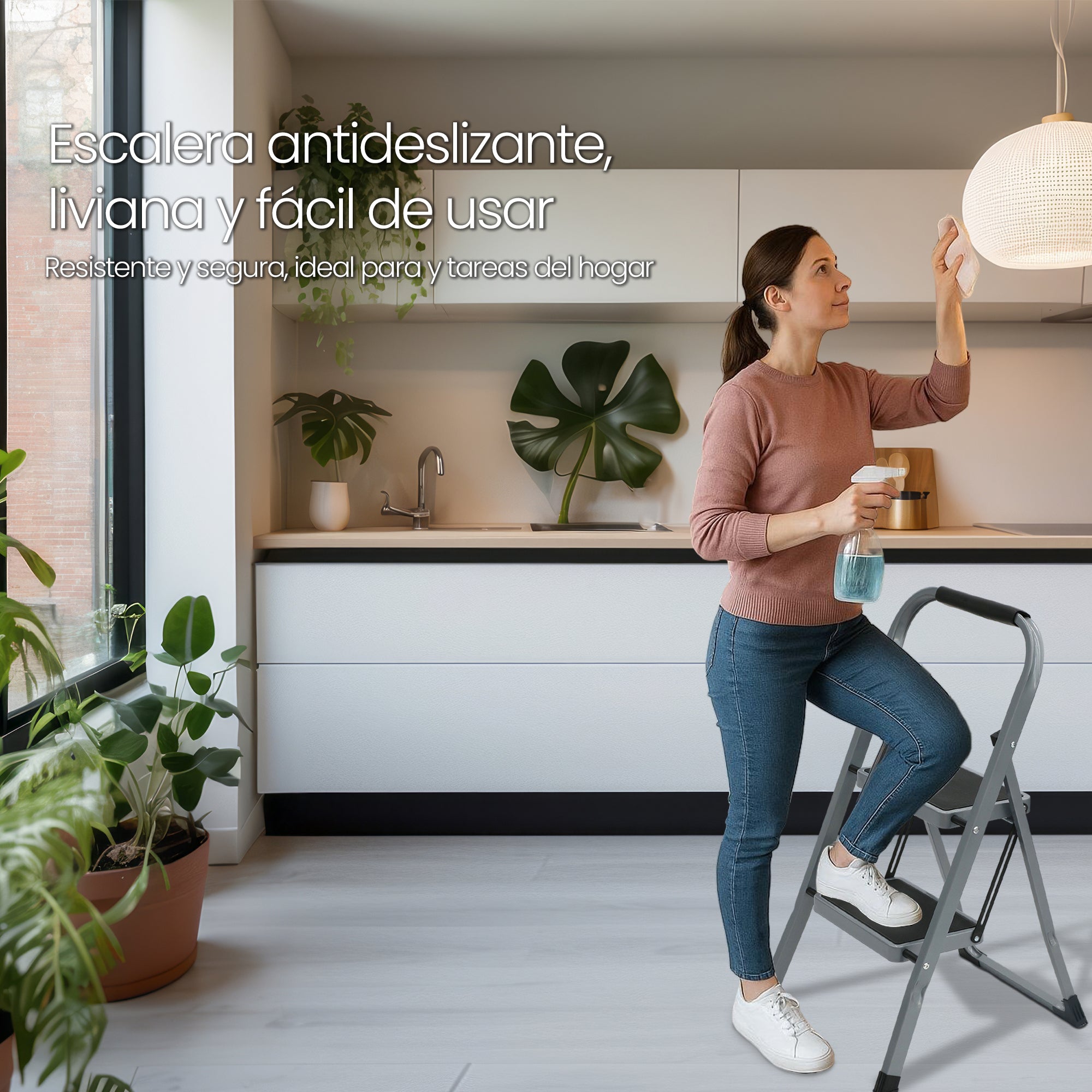 Escalera 2 Peldaños Plegable Alumini0-Acero color Gris Plata