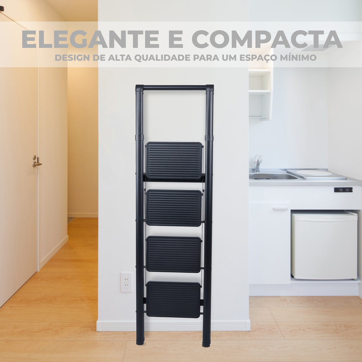 UZIRO Escalera plegable de acero negra, 4 peldaños anchos antideslizantes