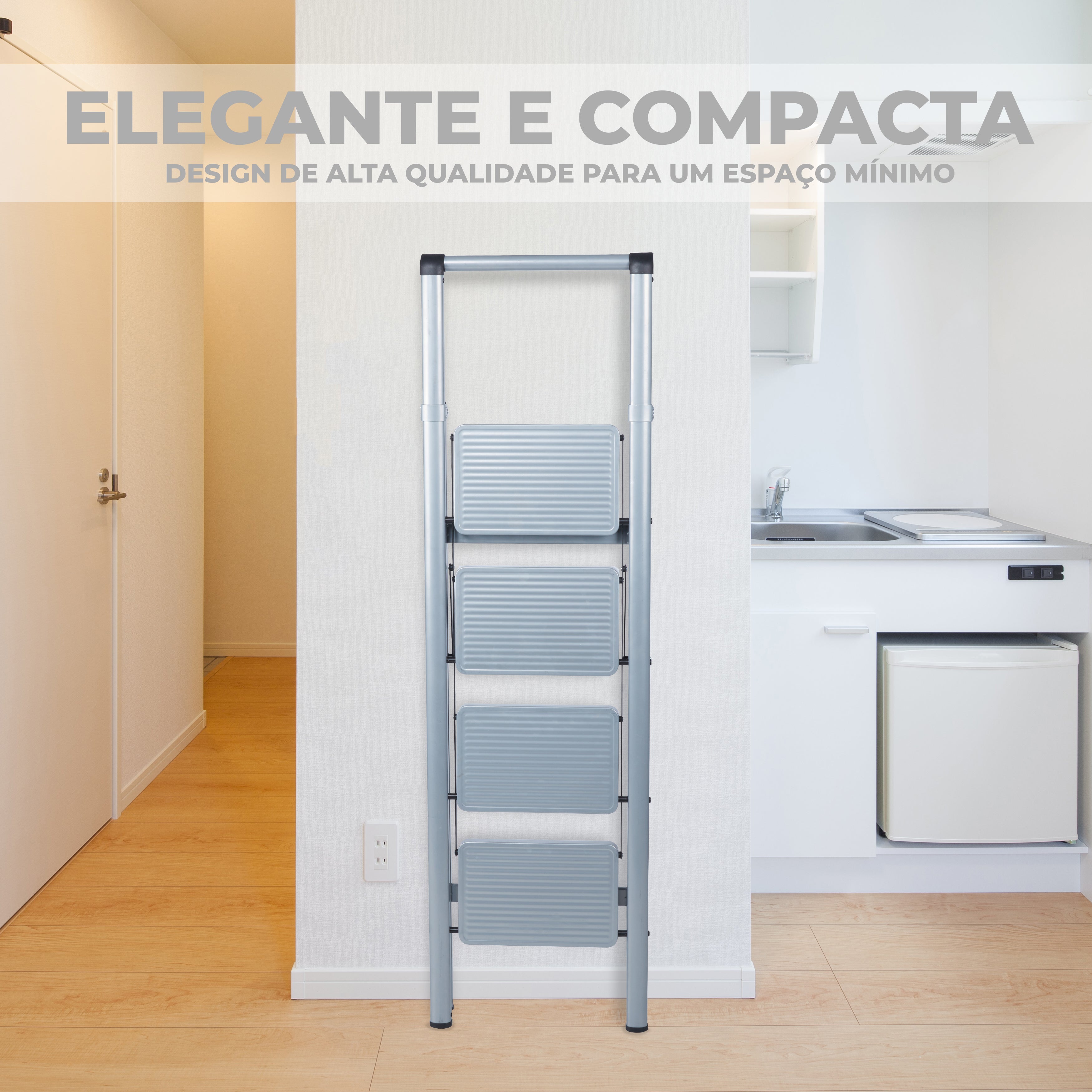 Escalera 4 Peldaños Anchos,Color Plata