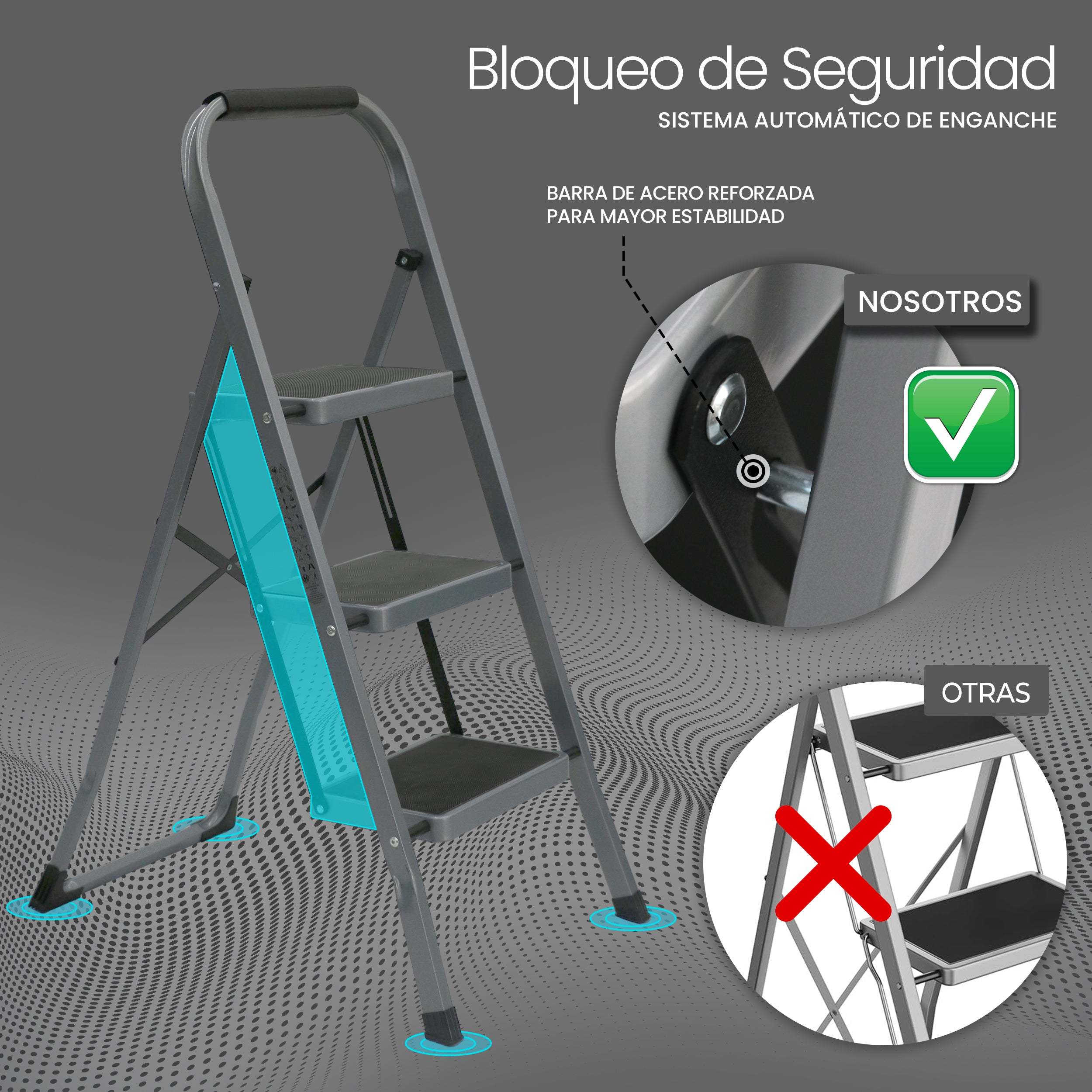UZIRO Escalera Plegable 4 Peldaños -Estructura de Acero y Peldaño Antideslizante - Asa Superior de Goma - Escaleras Plegables Domésticas - Step Ladder para Hogar