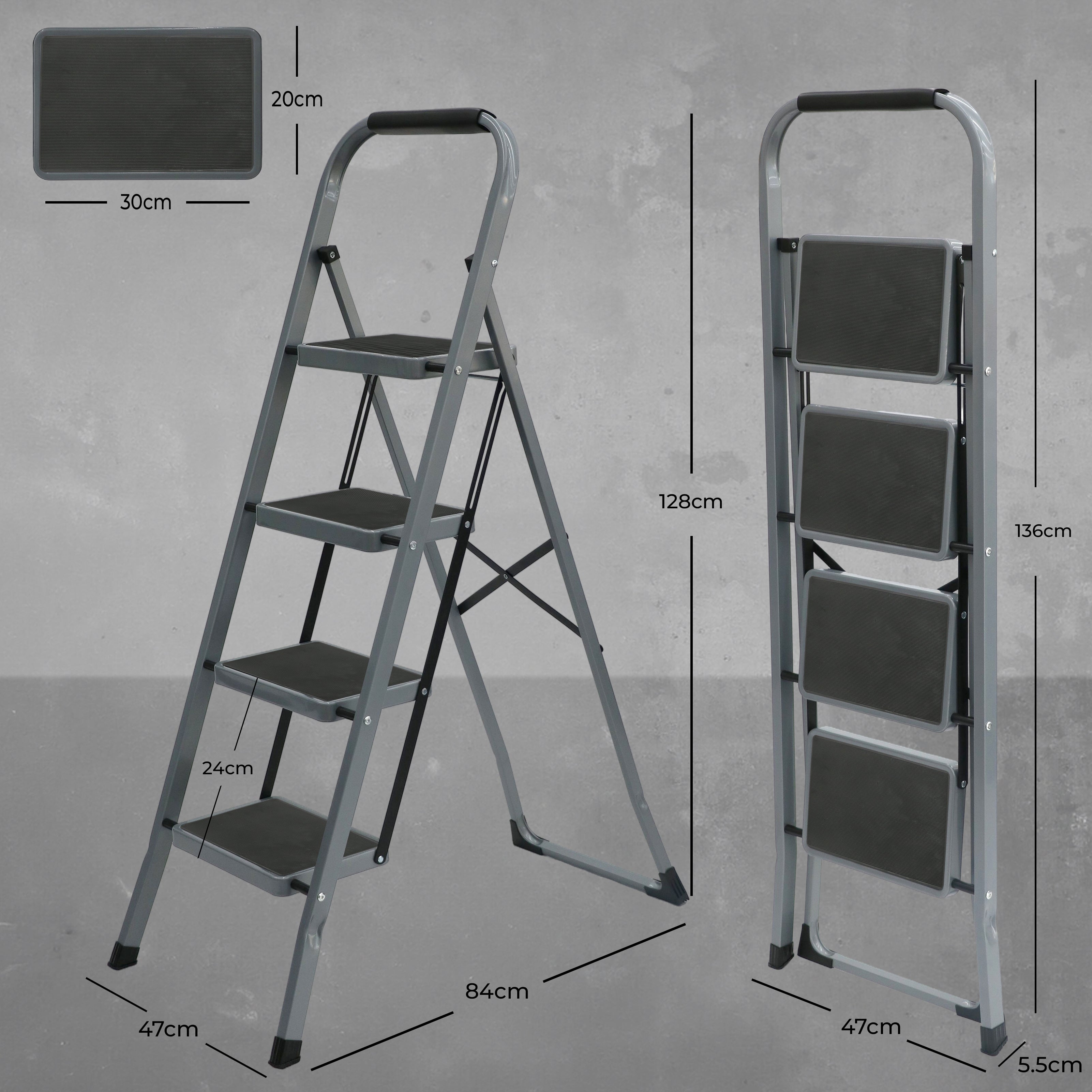 UZIRO Escalera Plegable 4 Peldaños -Estructura de Acero y Peldaño Antideslizante - Asa Superior de Goma - Escaleras Plegables Domésticas - Step Ladder para Hogar