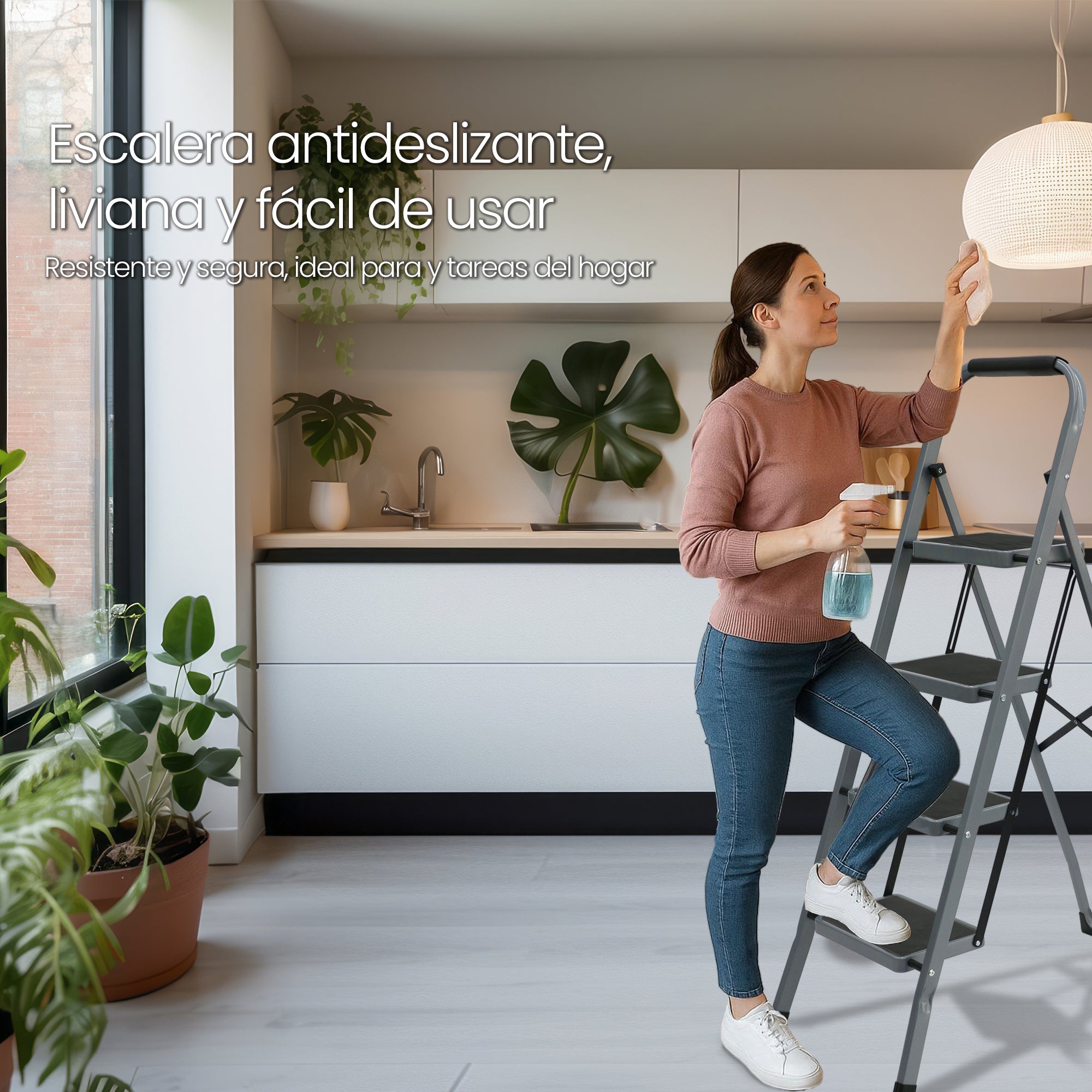 UZIRO Escalera Plegable 4 Peldaños -Estructura de Acero y Peldaño Antideslizante - Asa Superior de Goma - Escaleras Plegables Domésticas - Step Ladder para Hogar