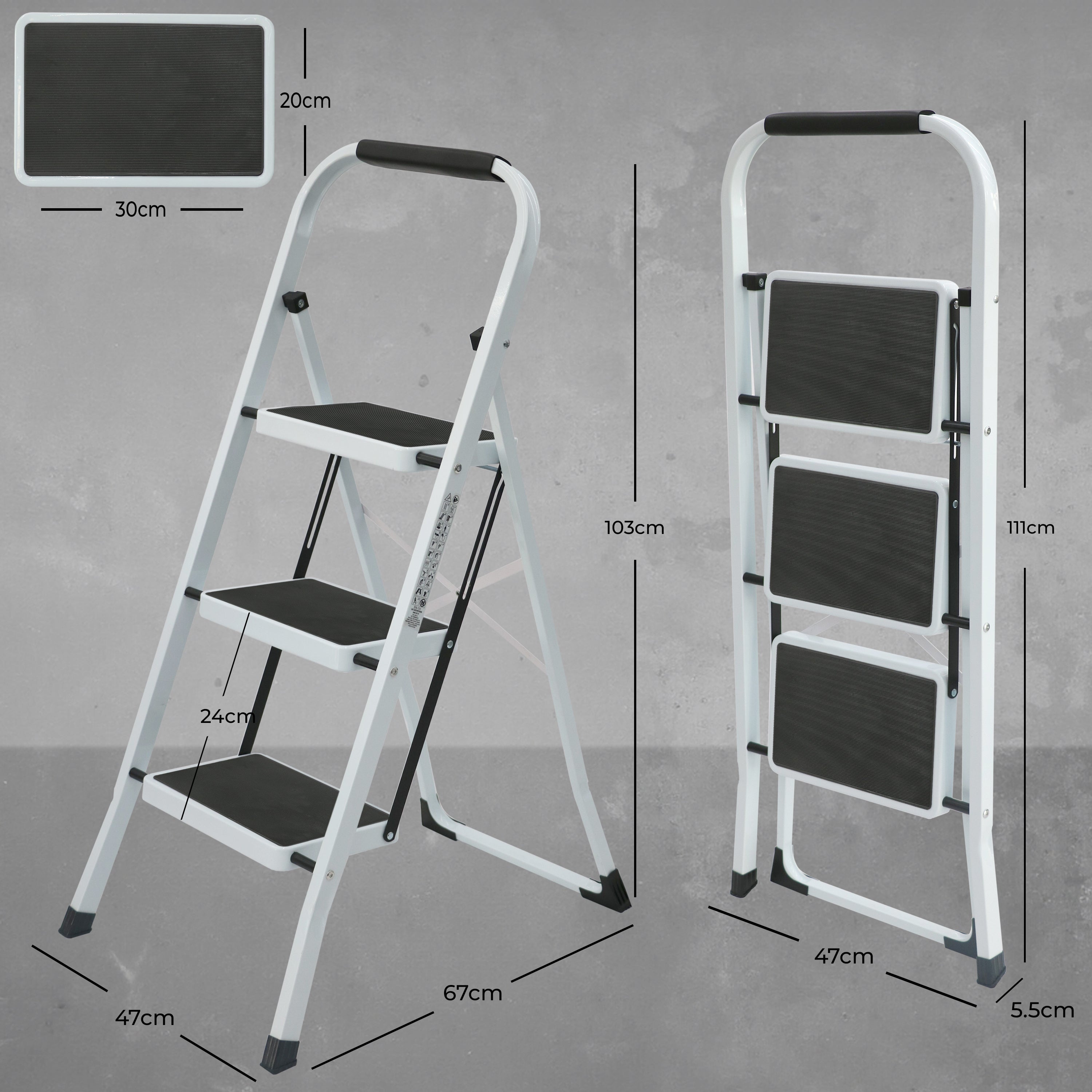 UZIRO Escalera Plegable 3 Peldaños -Estructura de Acero y Peldaño Antideslizante - Asa Superior de Goma - Escaleras Plegables Domésticas - Step Ladder para Hogar