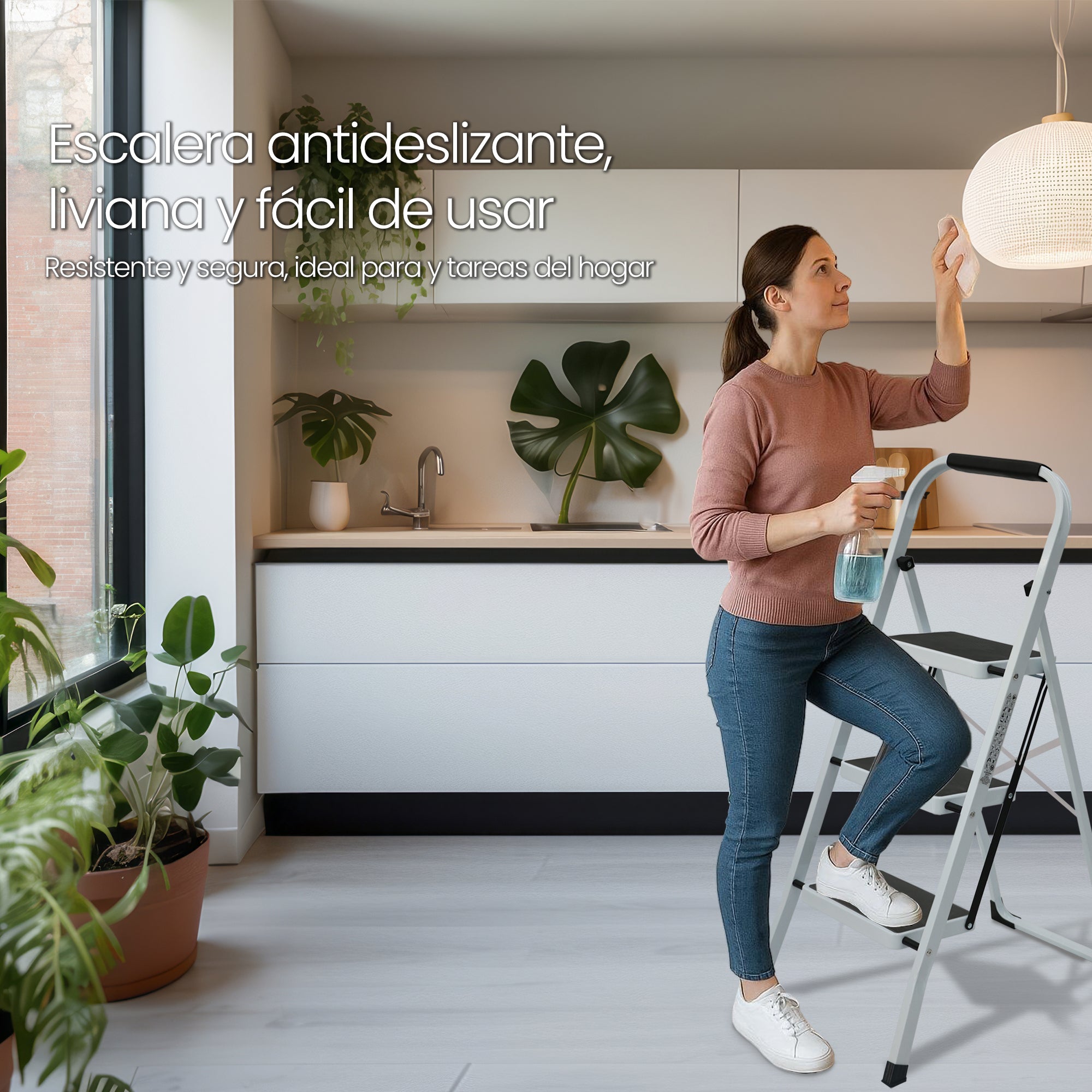 UZIRO Escalera Plegable 3 Peldaños -Estructura de Acero y Peldaño Antideslizante - Asa Superior de Goma - Escaleras Plegables Domésticas - Step Ladder para Hogar