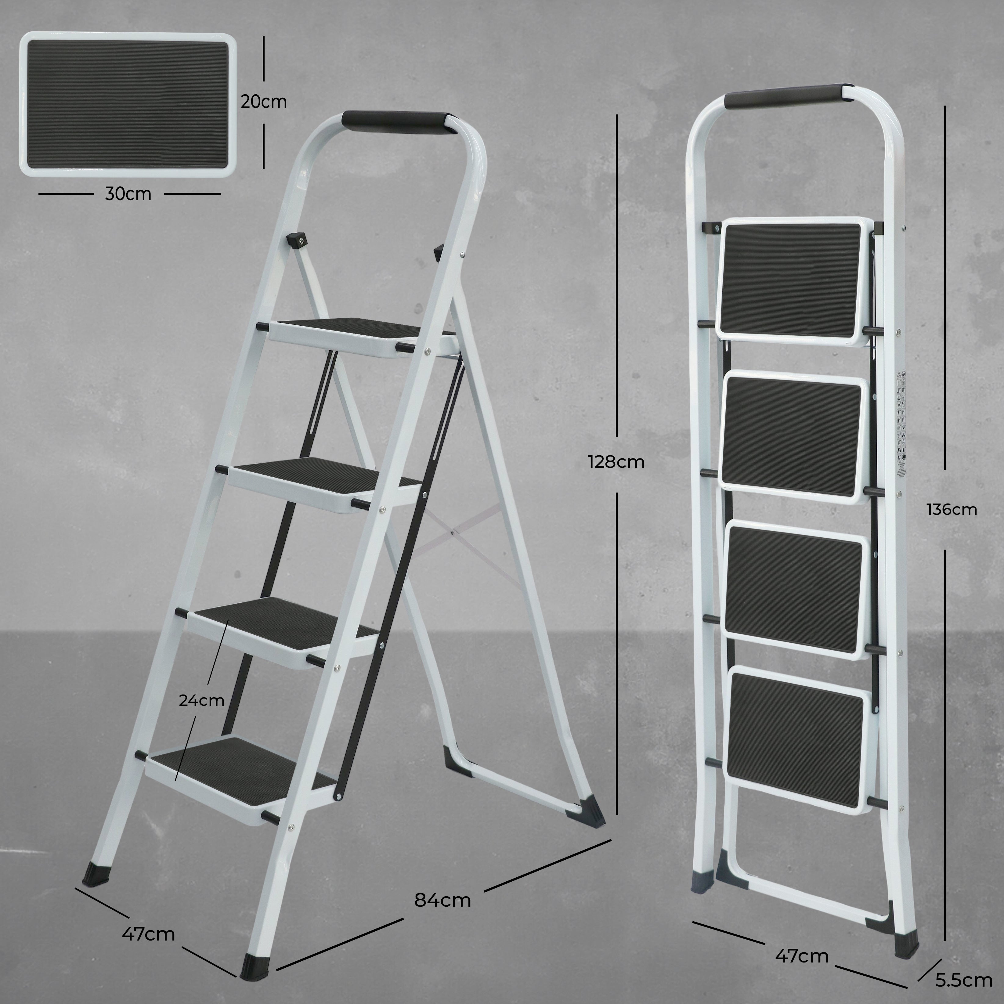 UZIRO Escalera Plegable 4 Peldaños -Estructura de Acero y Peldaño Antideslizante - Asa Superior de Goma - Escaleras Plegables Domésticas - Step Ladder para Hogar