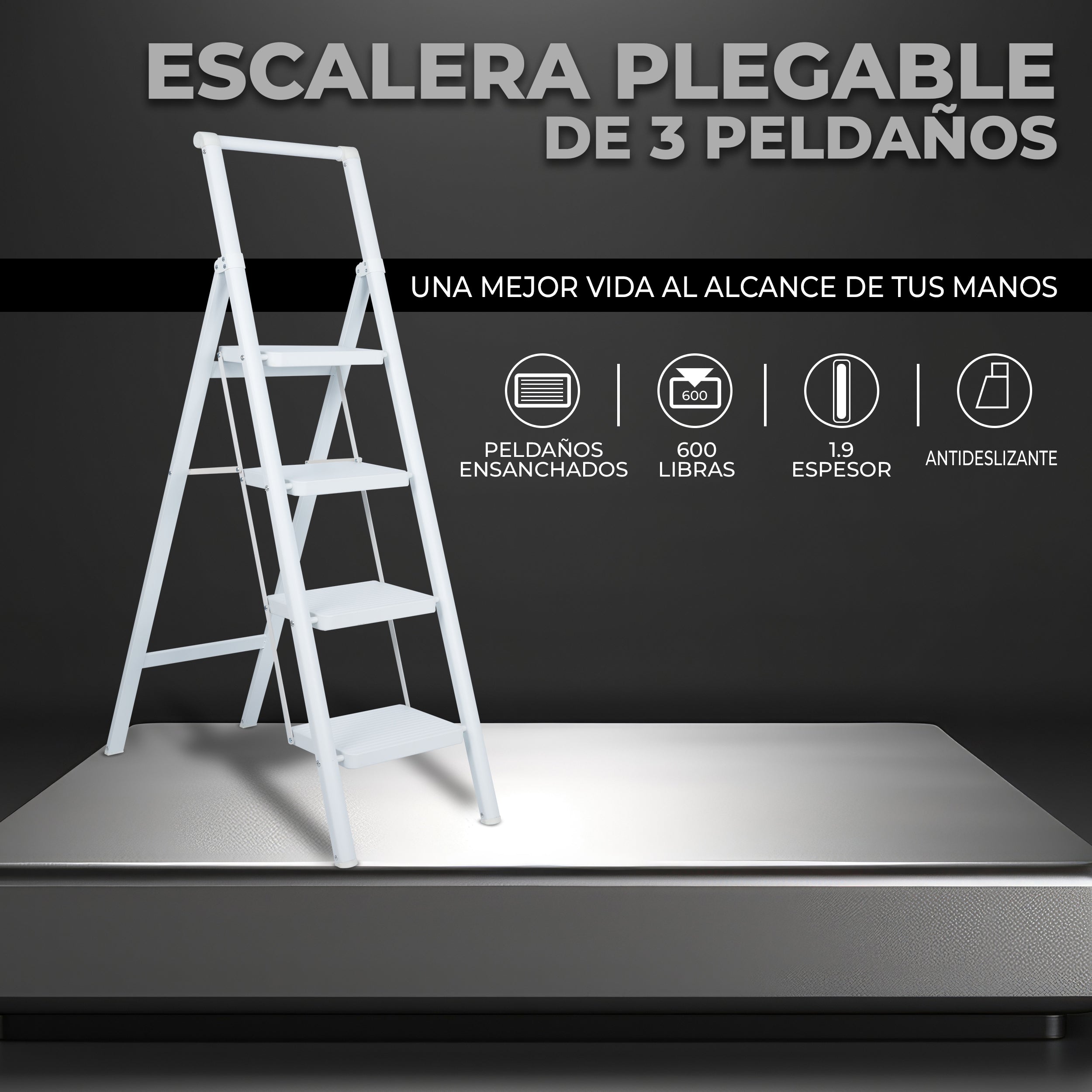 Escalera 4 Peldaños Anchos, Antideslizante, Color Blanco