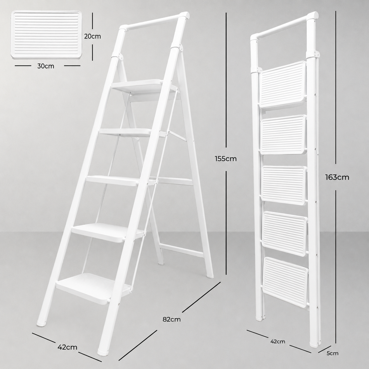 Escalera de aluminio blanca de 5 peldaños anchos