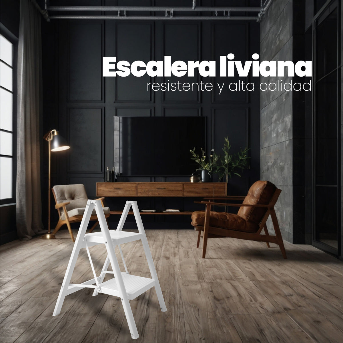 UZIRO Escalera liviana plegable blanca de acero y aluminio, 2 peldaños anchos decorativa