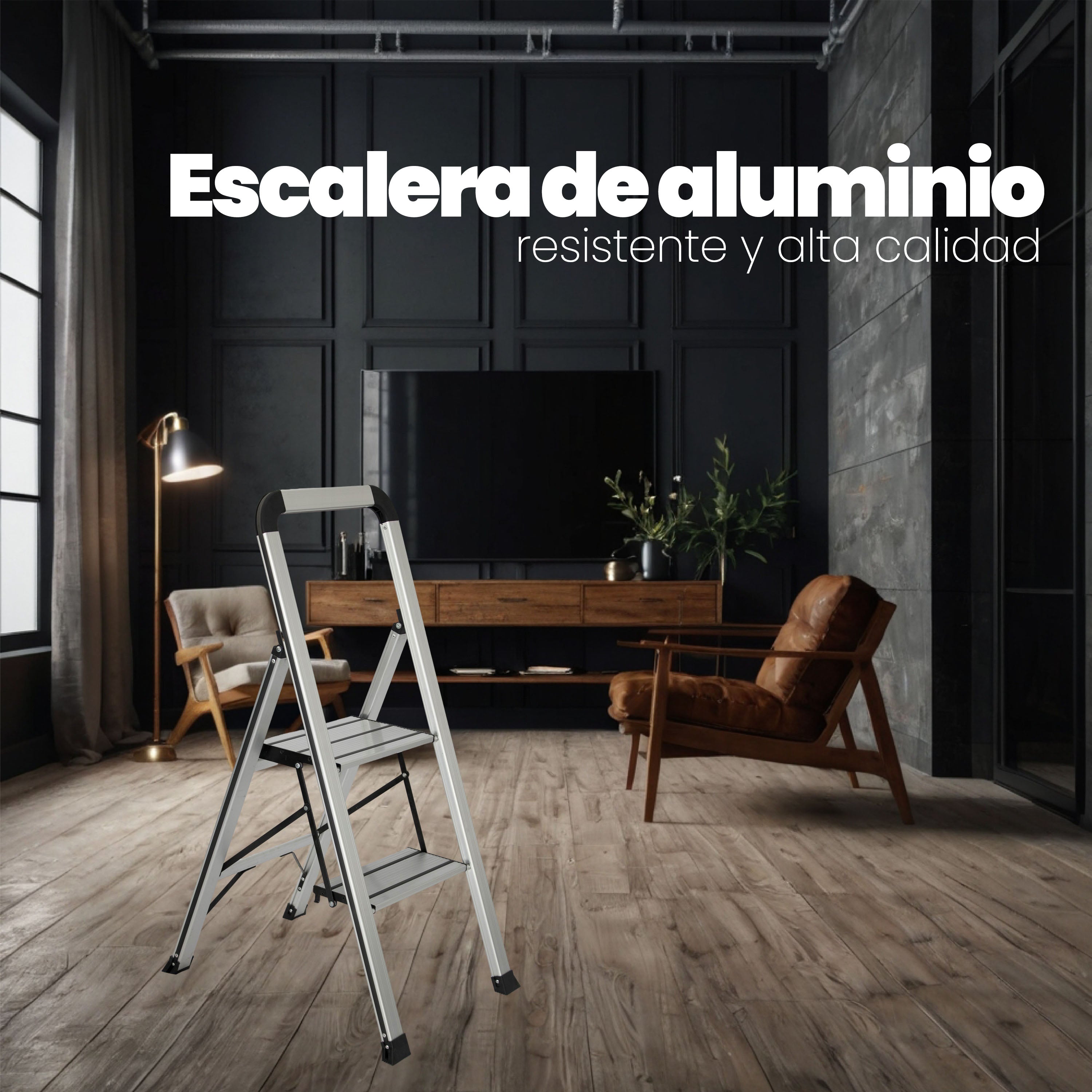 Escalera de Aluminio 2 Peldaños Anchos Antideslizantes