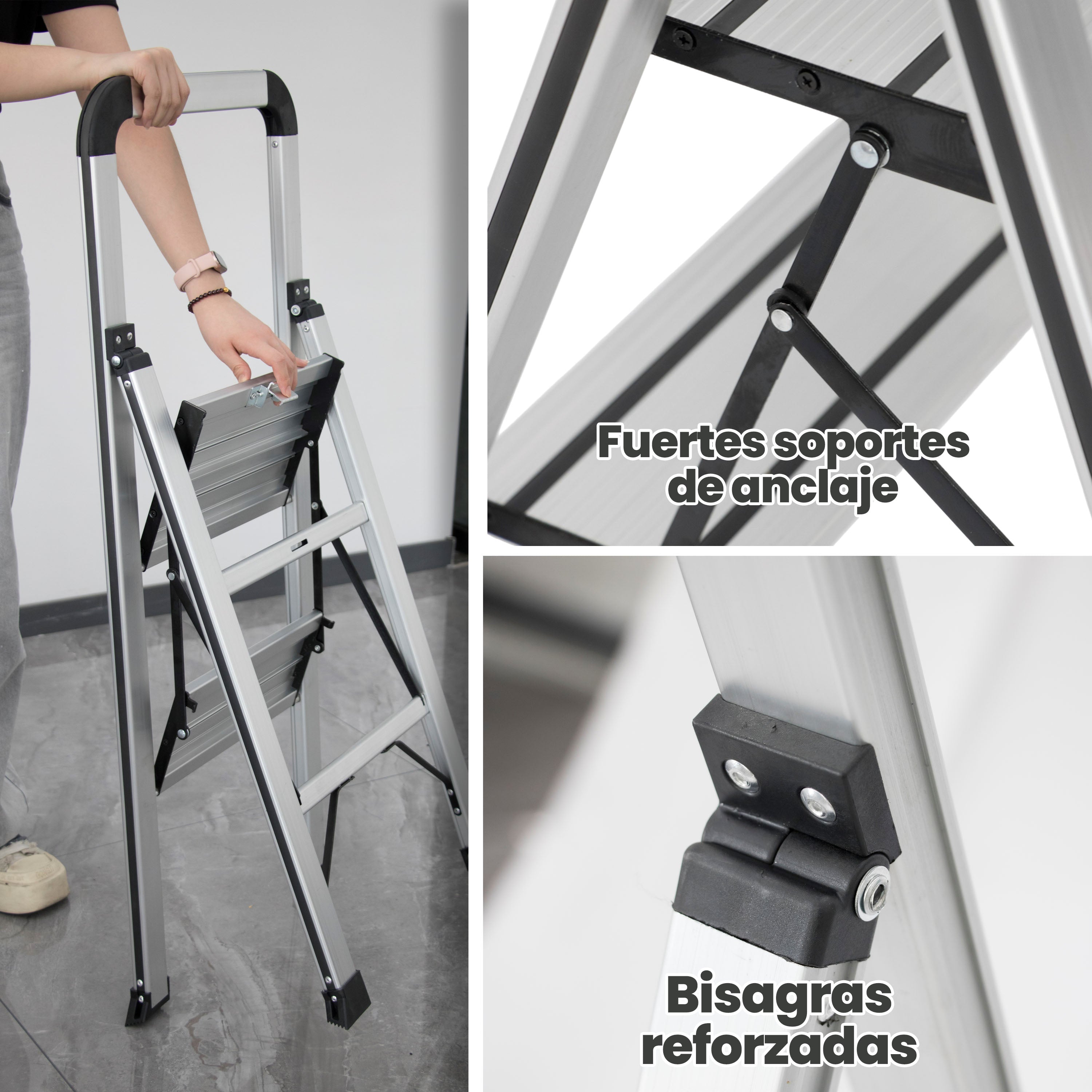 Escalera de Aluminio 2 Peldaños Anchos Antideslizantes