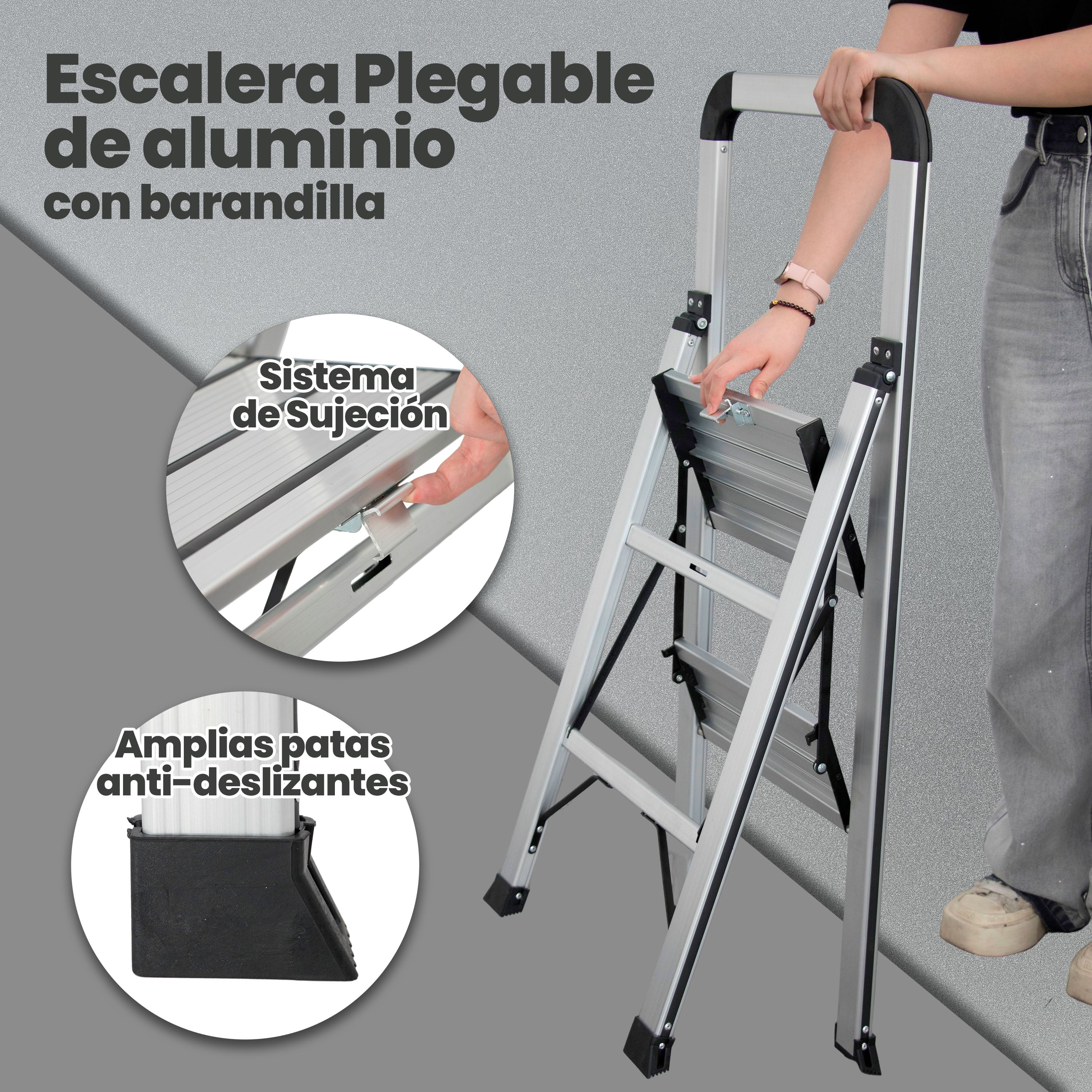 Escalera de Aluminio 3 Peldaños Anchos Antideslizantes