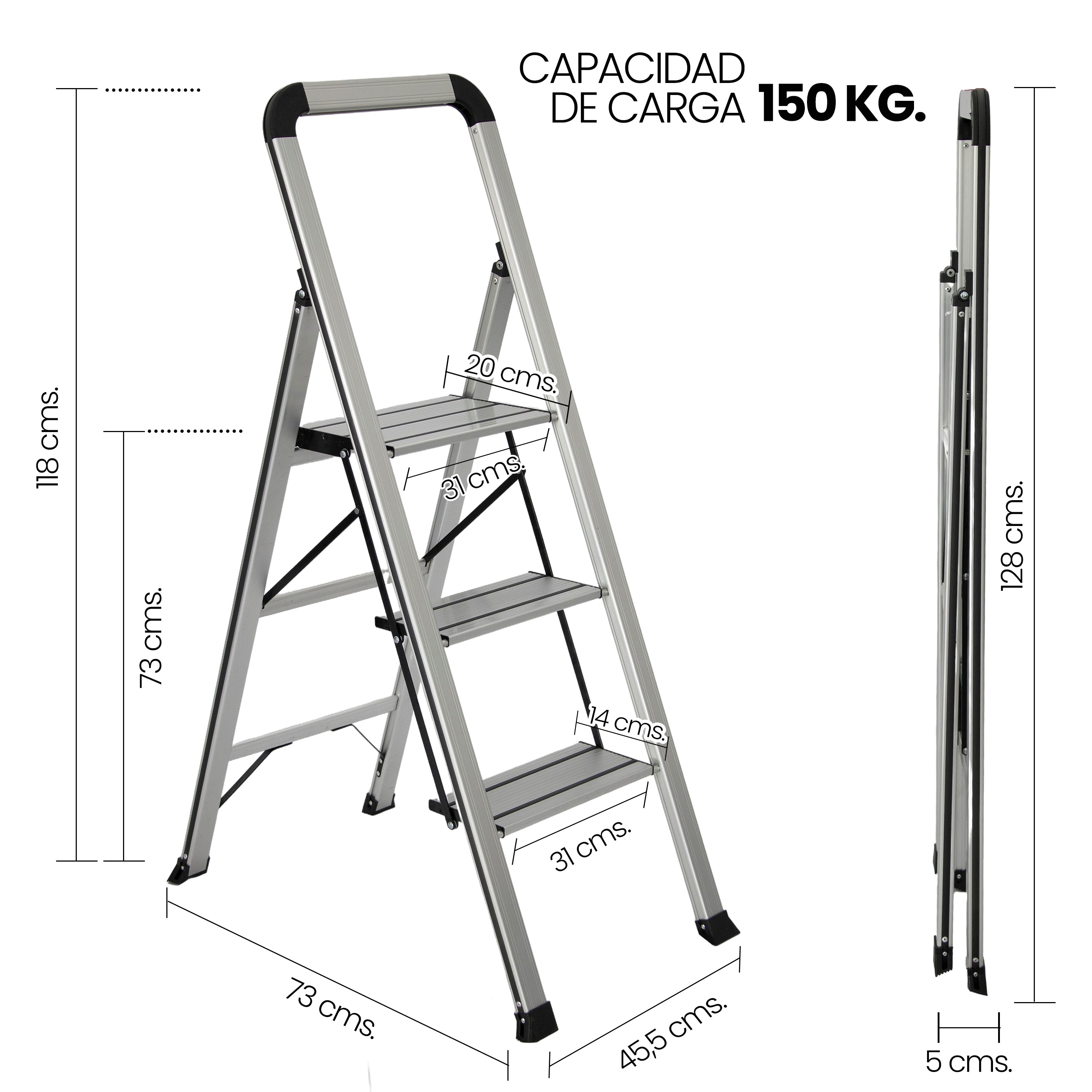 Escalera de Aluminio 3 Peldaños Anchos Antideslizantes