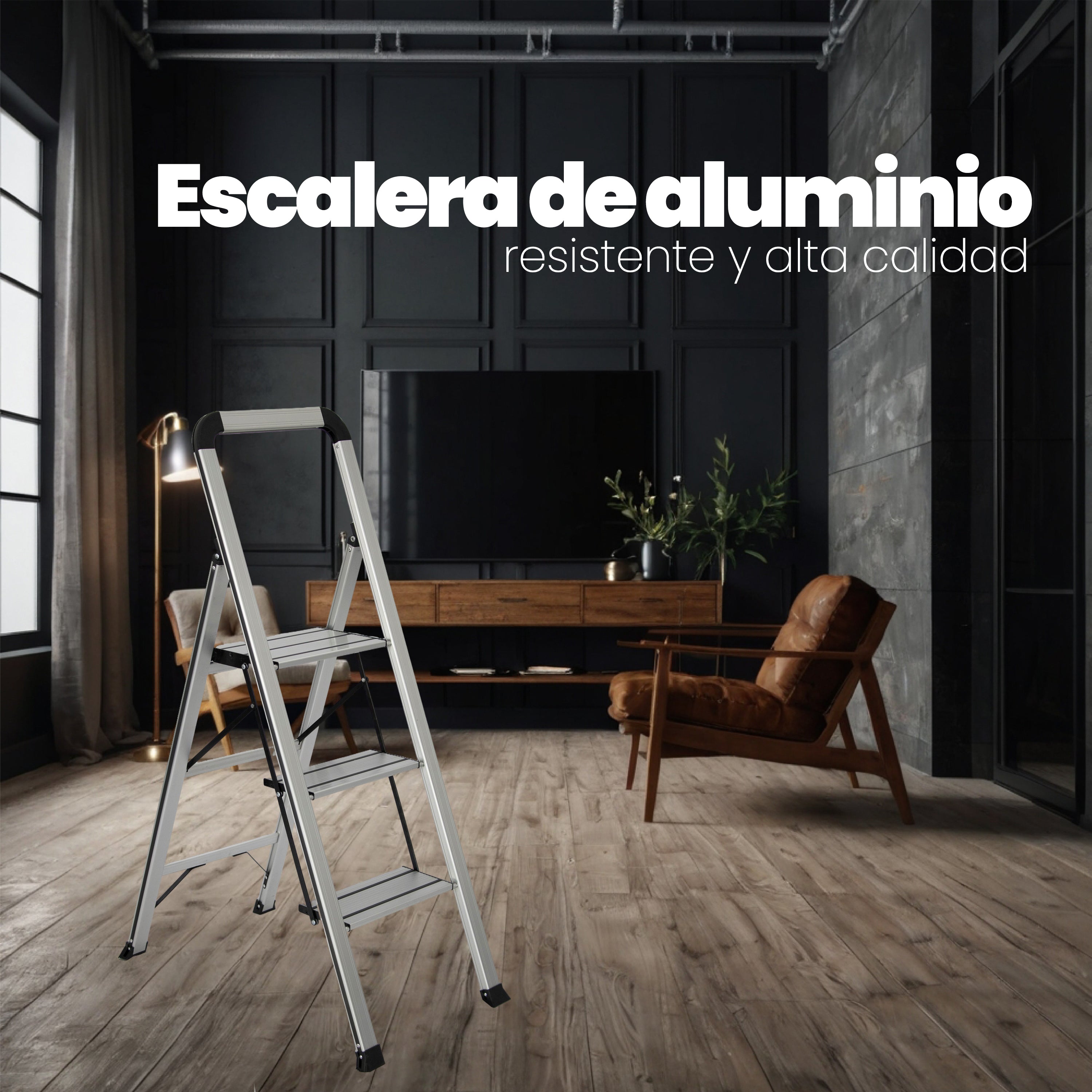 Escalera de Aluminio 3 Peldaños Anchos Antideslizantes